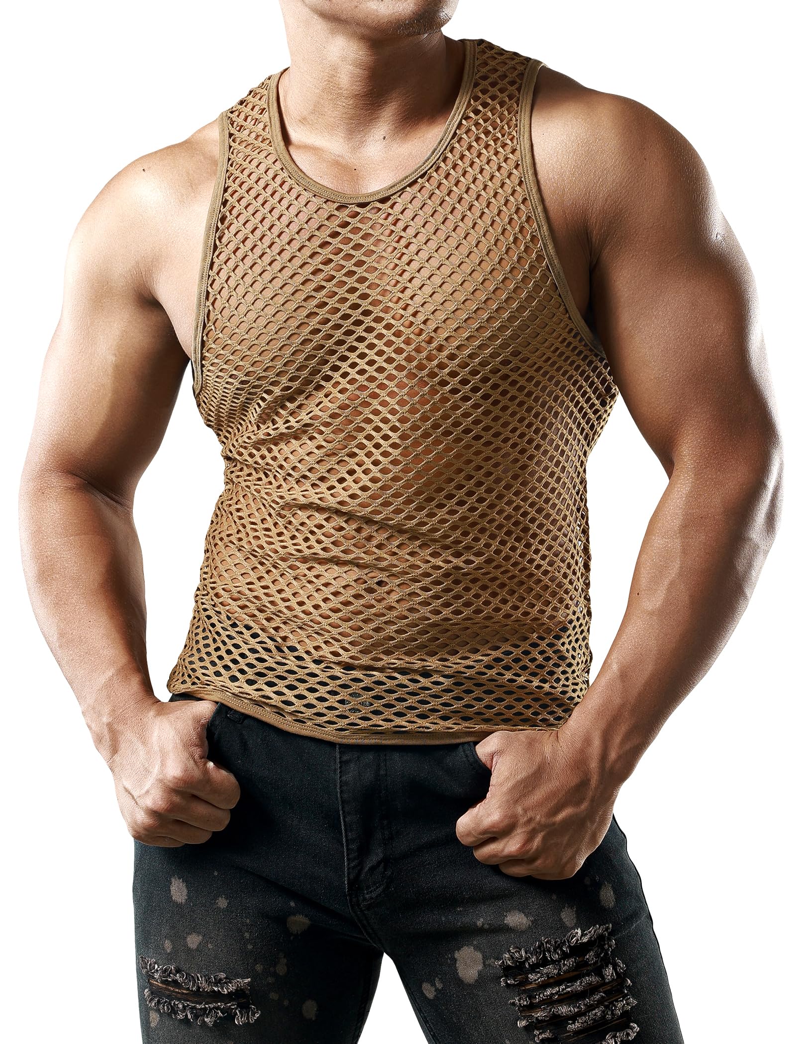 JOGAL Men's Mesh Tank Top See Through Fishnet Shirts