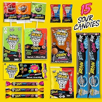 Brain Blasterz Sour Candy Variety Pack - 15 Pc Box, Super Sour Sweets | Extreme & exotic assortment; individually wrapped; vegan; fun gift for kids, teens & adults; Halloween & Christmas treats