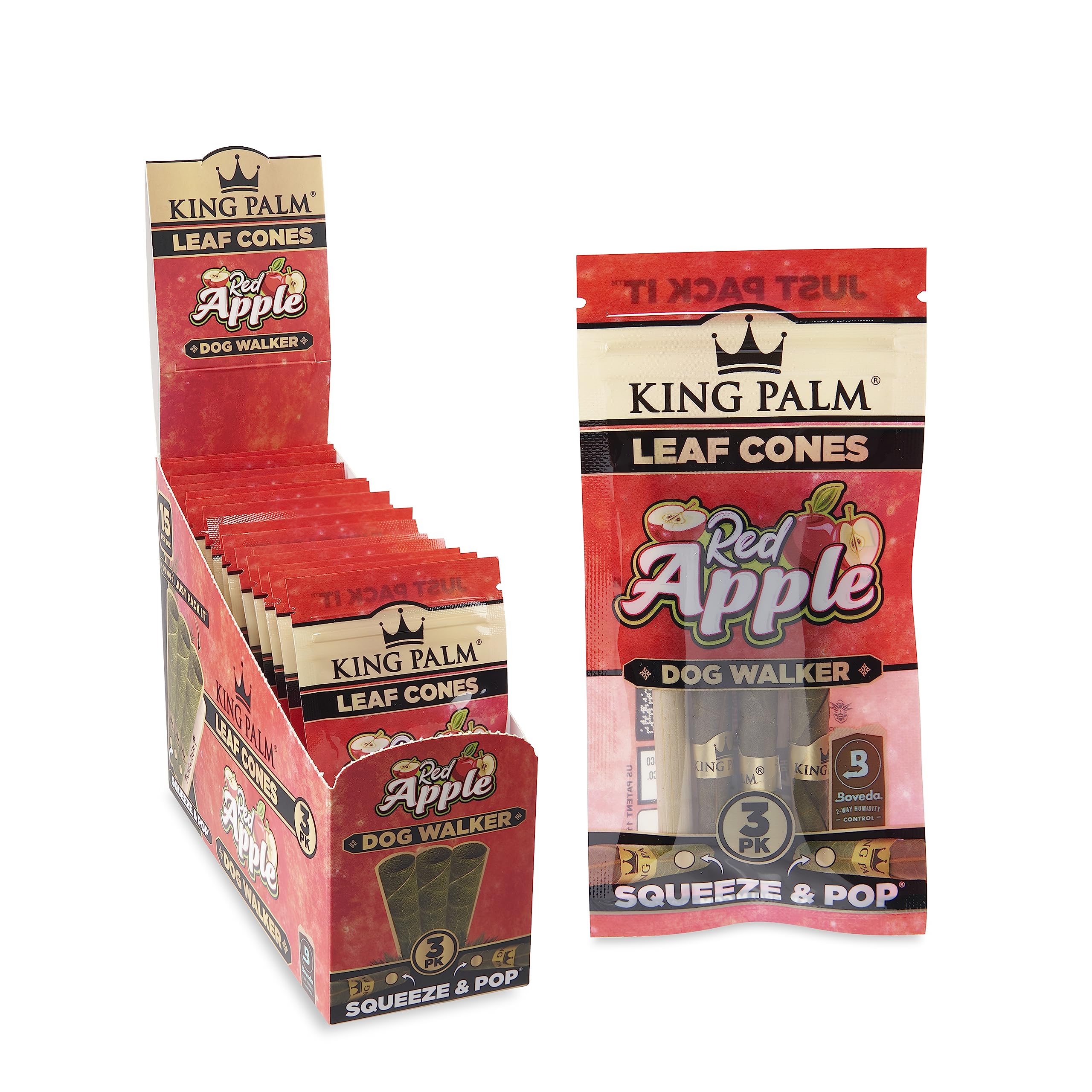 KING PALMPrerolled Cones with Filter Tips - All Natrual Pre Rolled Wrap - Organic Palm Leaf Preroll Cone - 3 Cones per Pack, 15 Pack Display - (Red Apple, Dogwalker)