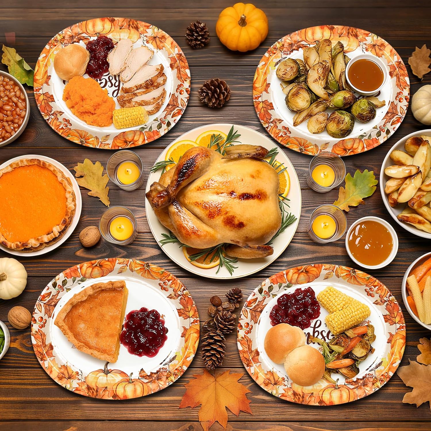 50 Pcs Oval Thanksgiving Paper Plates, 12 x 10 Inch Large Disposable Thanksgiving Heavy Duty Plates for Dinner Platters,Turkey, Pumpkin, Autumn Fall Harvest Party Decor