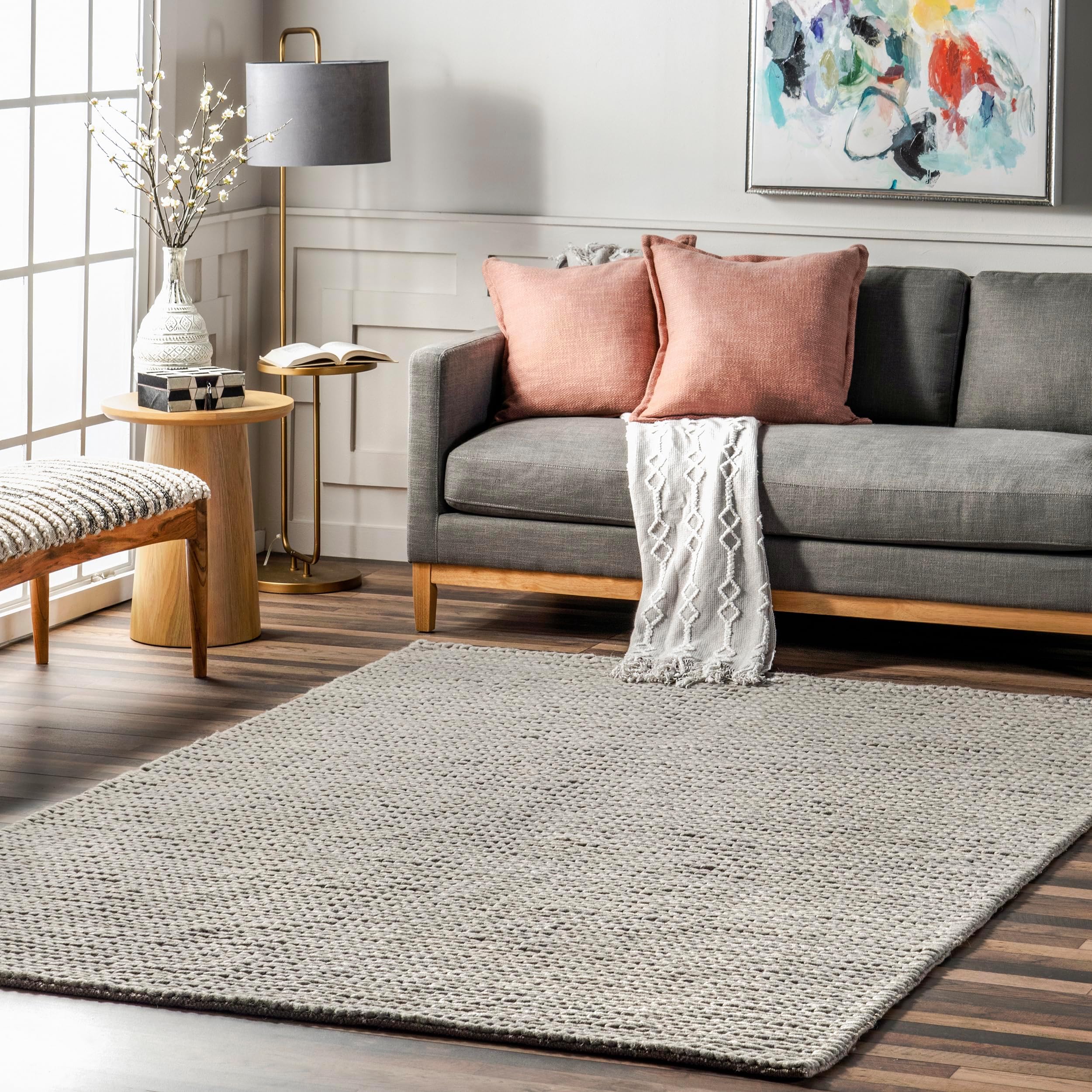 Penelope Light Grey/Ivory, 4' x 6', Hand-Braided, Wool & Cotton, Soft and Textured, High Traffic, Stain Resistant, Easy Clean, Durable Area Rug for Bedroom, Living Room, Dining, Entryway