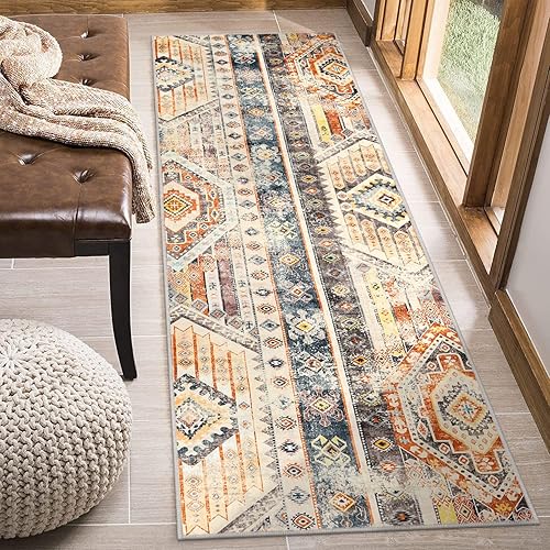Miniatura 1 de Wonnitar Alfombra de pasillo larga y ultrafina de 2 pies 6 x 8 pies, estilo tribal del suroeste, lavable y antideslizante, alfombra de cocina suave