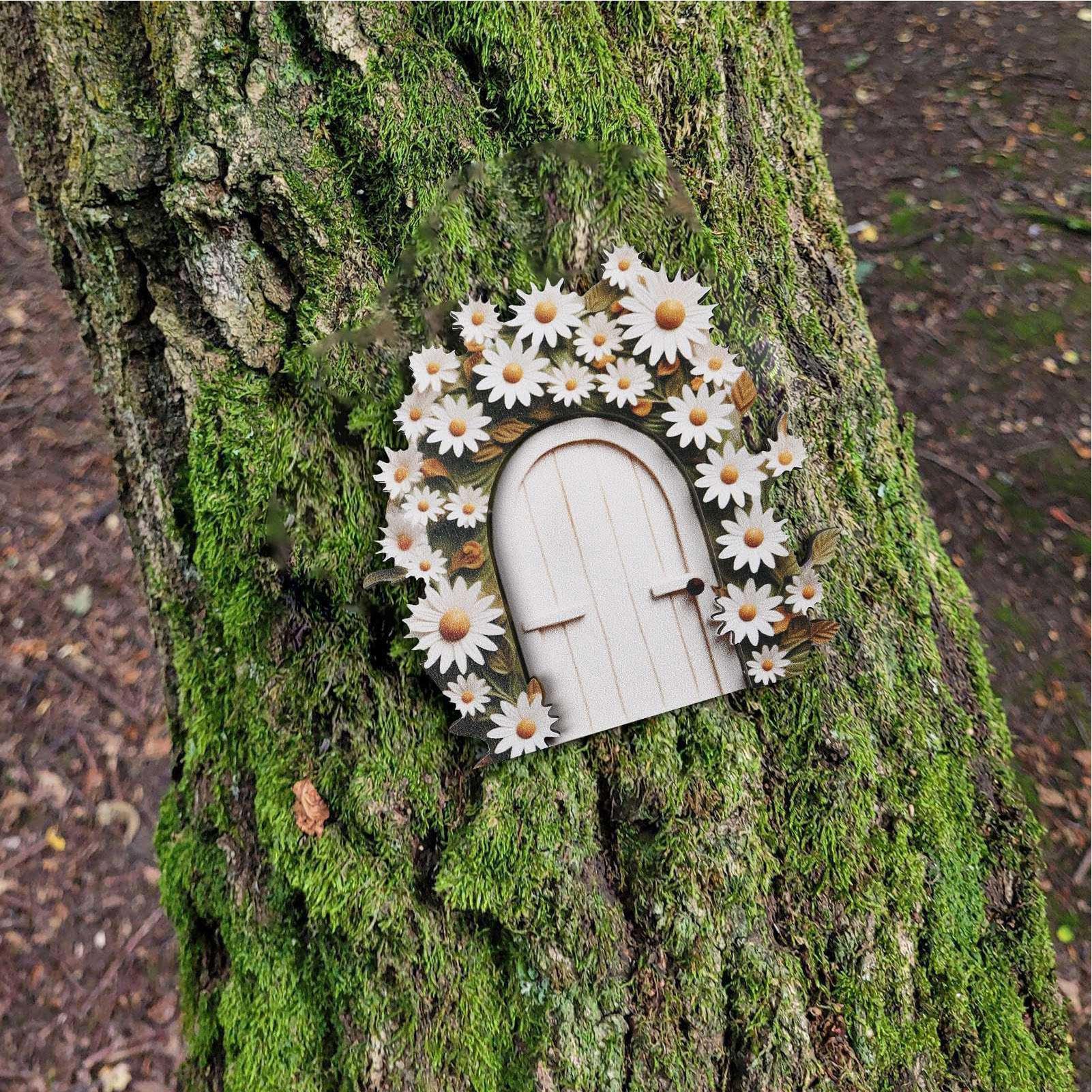 Puerta de hadas de madera, puerta de árbol de hadas en miniatura para decoración de patio, césped, adornos de jardín de hadas para árboles de jardín, accesorios de puerta para pared y árboles al aire