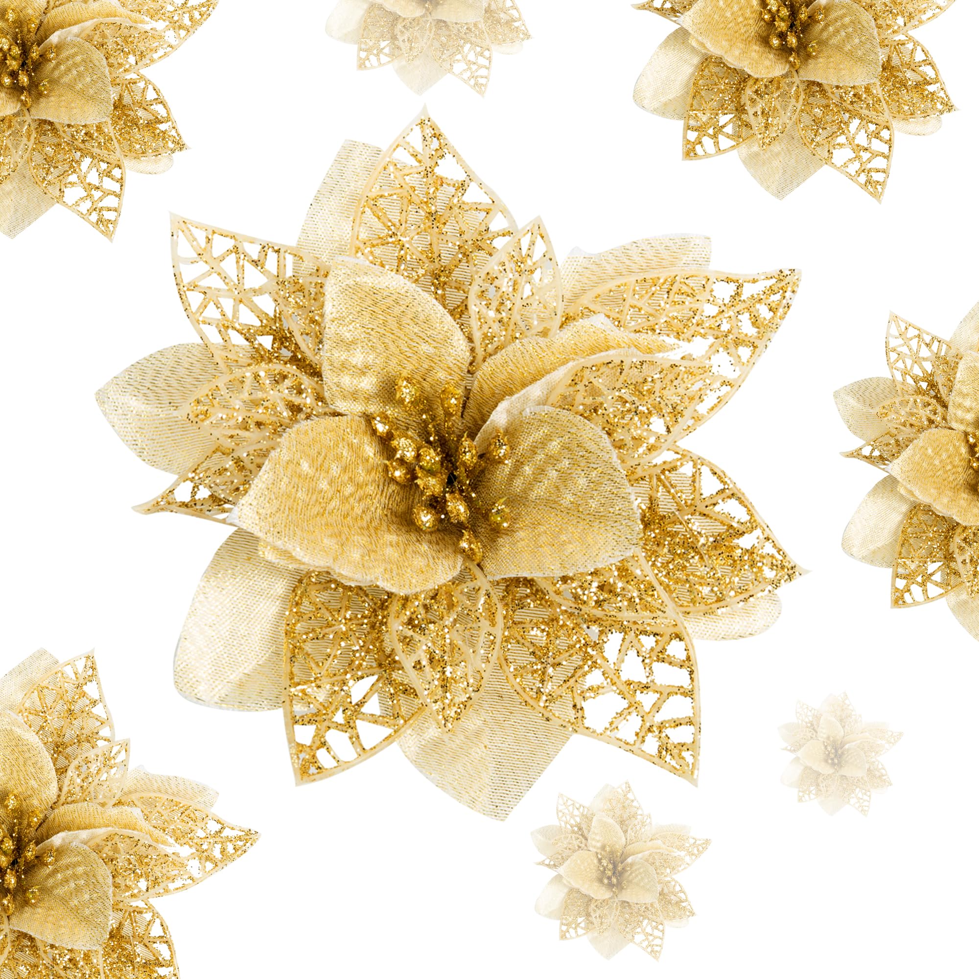 Albert Austin Gold 24Pcs Artificial Glitter Flowers For Christmas Tree Wreath Garland Silk Thread Petals Glitter Leaves Poinsettia Christmas Flower For Wedding Party Festive Home Decoration