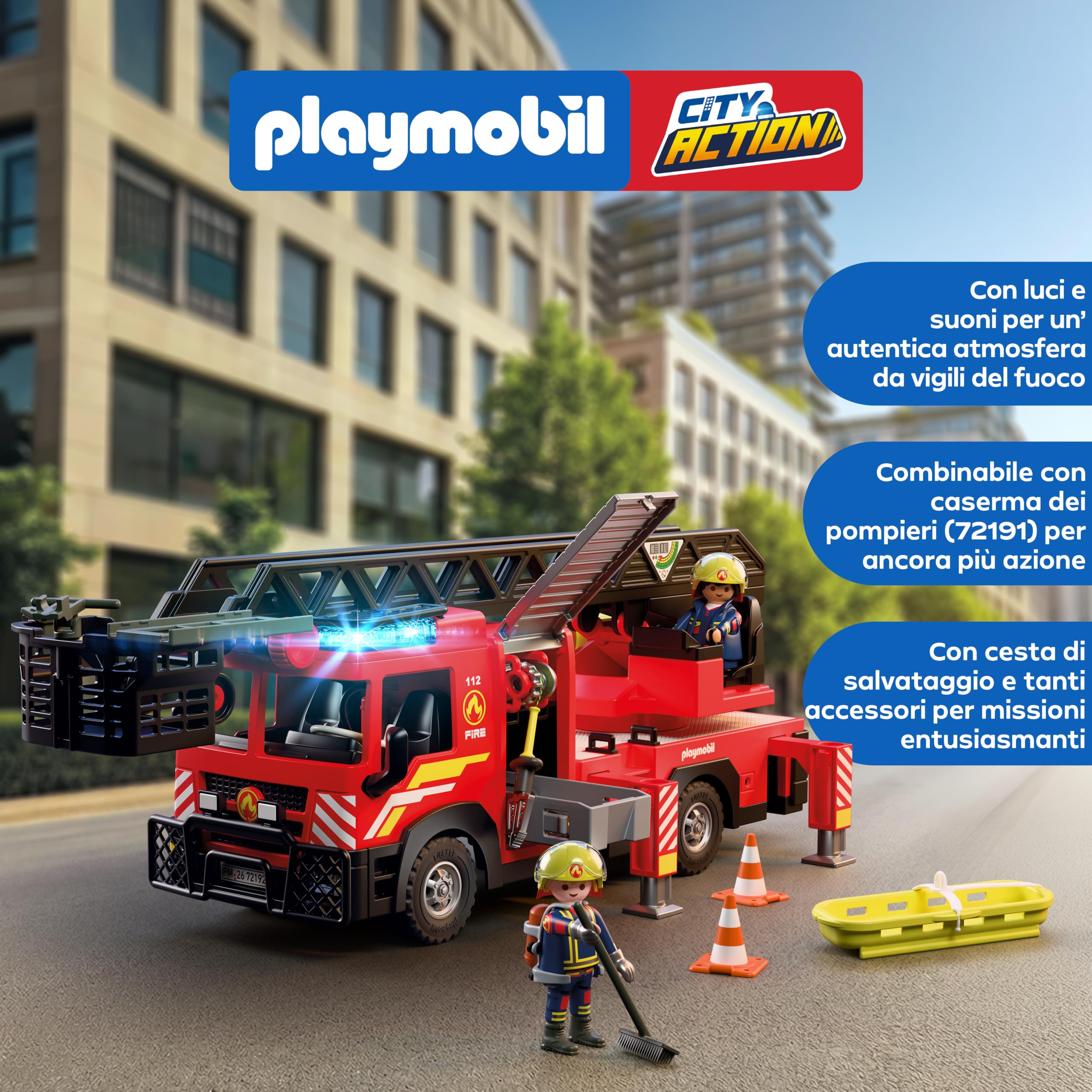 PLAYMOBIL | City Action | Autoscala dei pompieri | Veicolo di intervento con scala da 63 cm, luci e suoni, attrezzature di soccorso e accessori | Per bambini da 4 anni | 72192