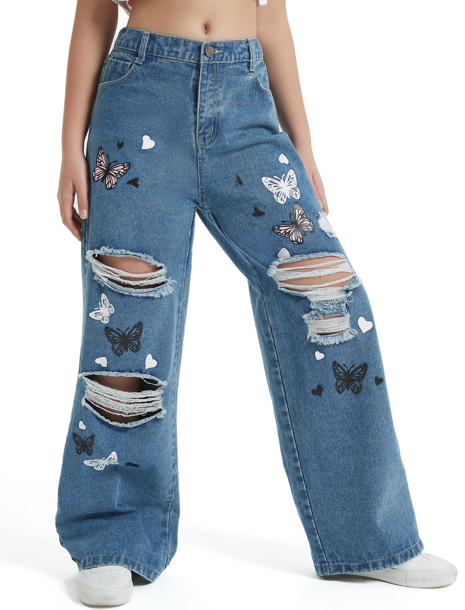 EXARUS Pantalones de mezclilla holgados para niñas, pierna ancha, acampanados, ajustados, para adolescentes, ropa de mezclilla rasgada, ropa preppy casual, para niños de 6 a 14 años