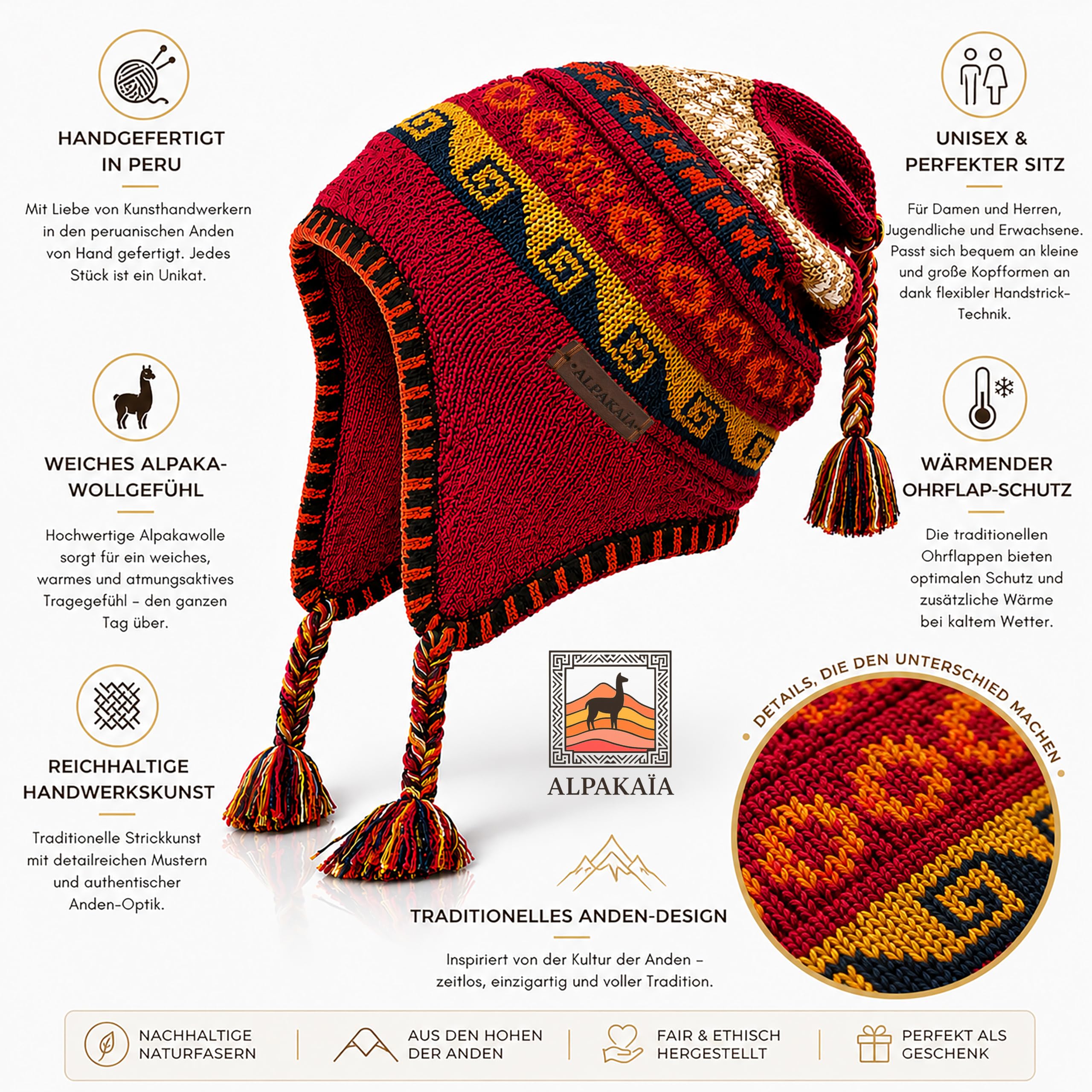 Alpaka Wollmütze Herren Damen – Warme Wintermütze aus Baby Alpaka – Handgemachte Ethno Strickmütze im Peru Stil mit Ohrenschutz für Outdoor, Ski, Reisen & kalte Wintertage – Weich & Atmungsaktiv
