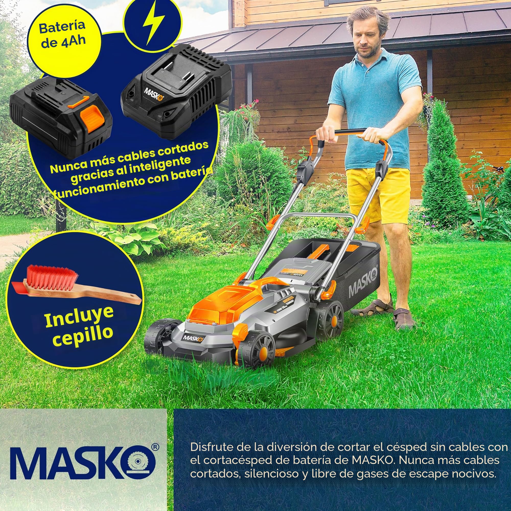 MASKO® Cortacésped con función de mantillo, Incluye Batería de Ion de Litio de 4 Ah y Cargador Doble, Ancho de Corte de 33 cm, 5 Posiciones de 25 a 75 mm, Altura Regulable, 30L hasta 150m²