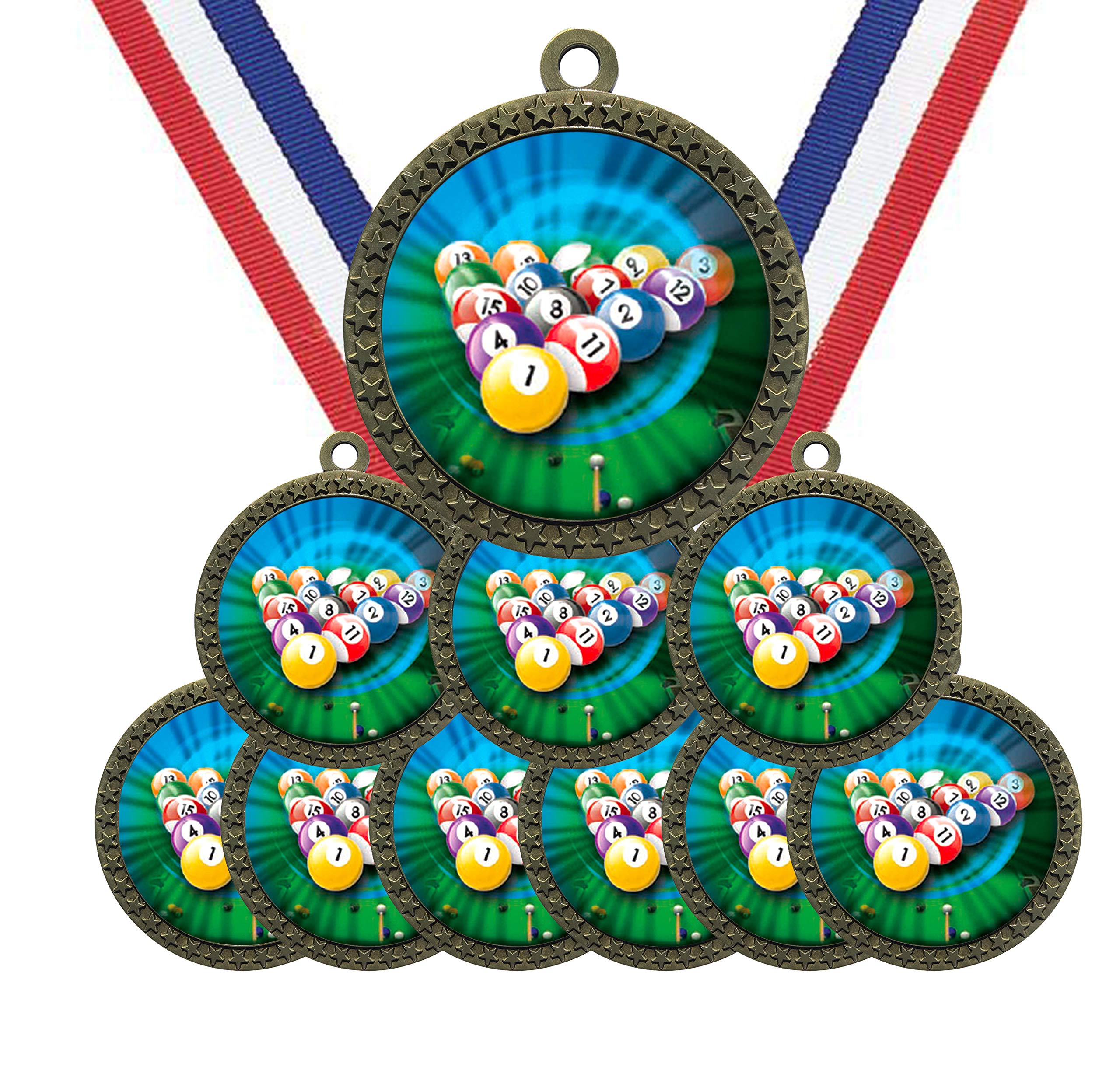 Large 2-1/2 inch Diameter Metal Antique Gold Pool Billiards 8 9 Ball Medals Star Award Trophy Champion Winner with Red White and Blue Neck Ribbons (Pack of 10)