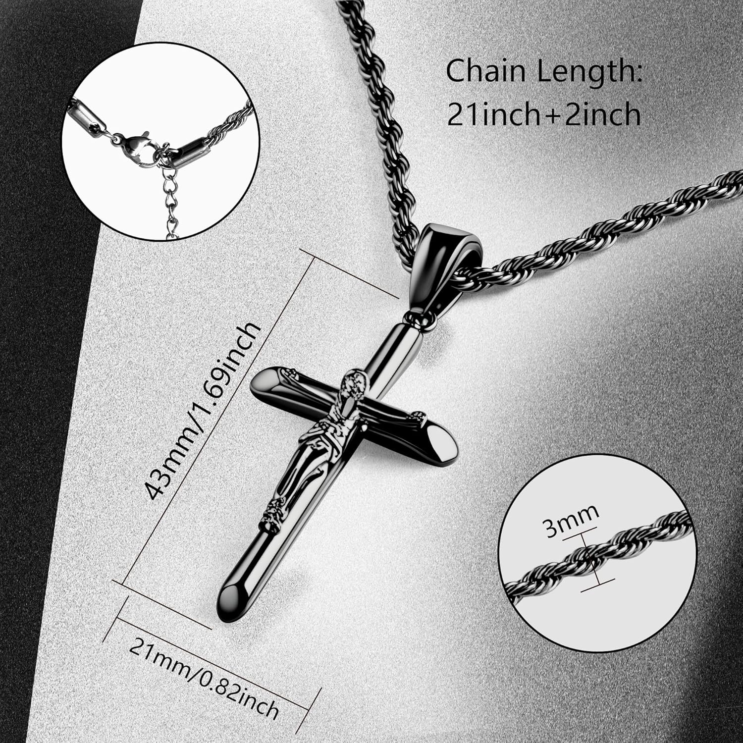 ALEXCRAFT Sterling Silver Plated Cross Necklace for Men Gold Plated Cross Necklaces for Women Trendy Stainless Steel Crucifix Pendant with 3mm 21inch Rope Chain - Image 5