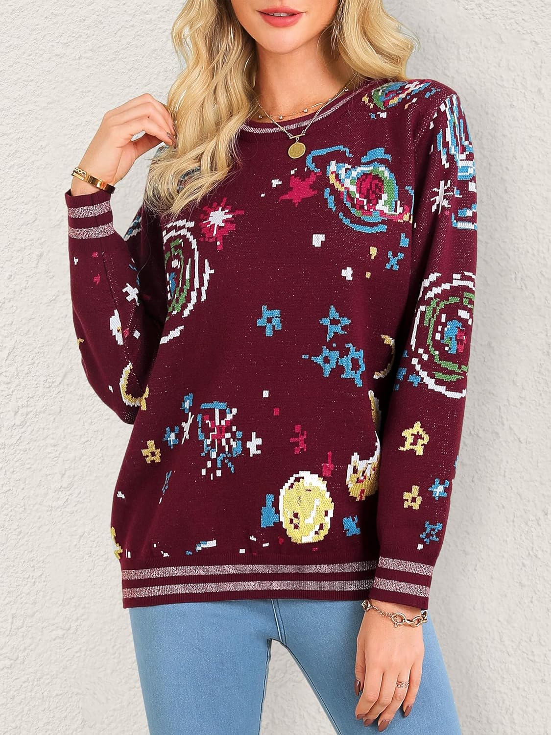 Ezcosplay Women Space Graphic Knit Sweater Crewneck Long Sleeve Vintage Galaxy Planet Pullover Knitwear - Image 2