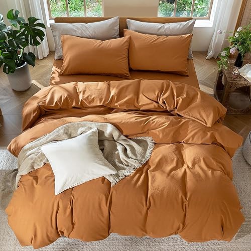 Miniatura 5 de MooMee Juego de funda de edredón 100% algodón lavado con textura parecida al lino transpirable duradero suave cómodo (naranja tostado, Cal King)