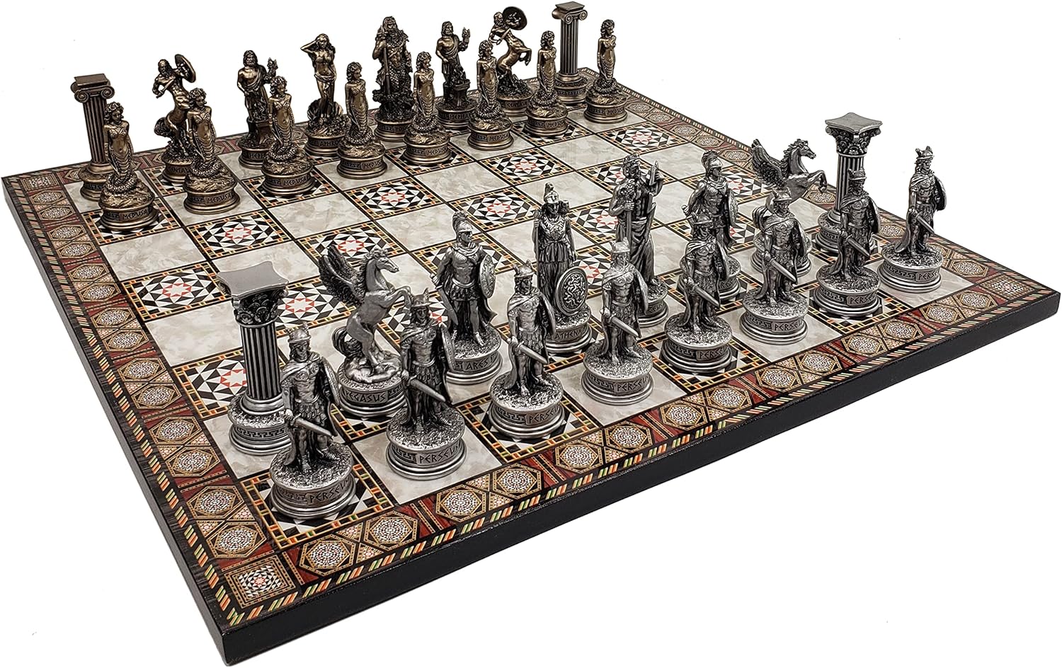 Greek Mythology Olympus Gods Zeus vs Poseidon Pewter and Bronze Color Chess Set with 17" Mosaic Color Board
