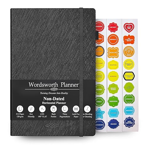 Wordsworth - Agenda semanal y mensual sin fecha, agenda con puntos en blanco, tapa dura, agenda semanal sin fecha, 5.83 x 8.27 pulgadas, papel A5 de