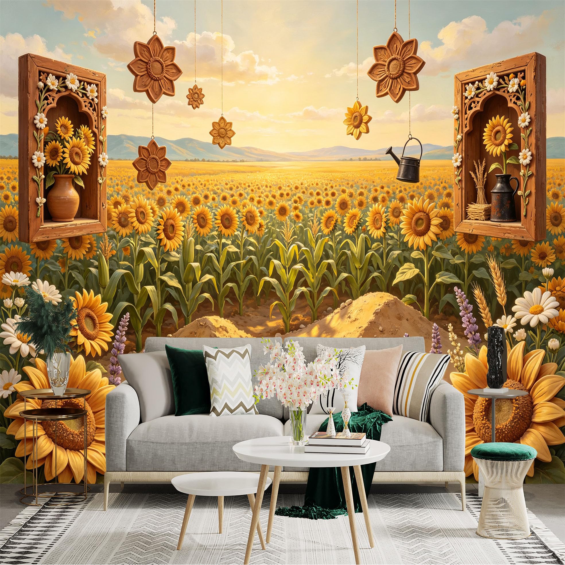 Lnzczhyre Bh260719591 Custom Size Wall Sticker Mural， Vibrant Sunflower Field With Rustic Wooden Frames， Warm Sunset Scenery， Floral Landscape， For Wall Decoration， Peelandstick Wall Decals.