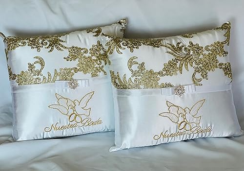 Nuestra Boda conjunto de cojines con corazones Dorados y piedritas