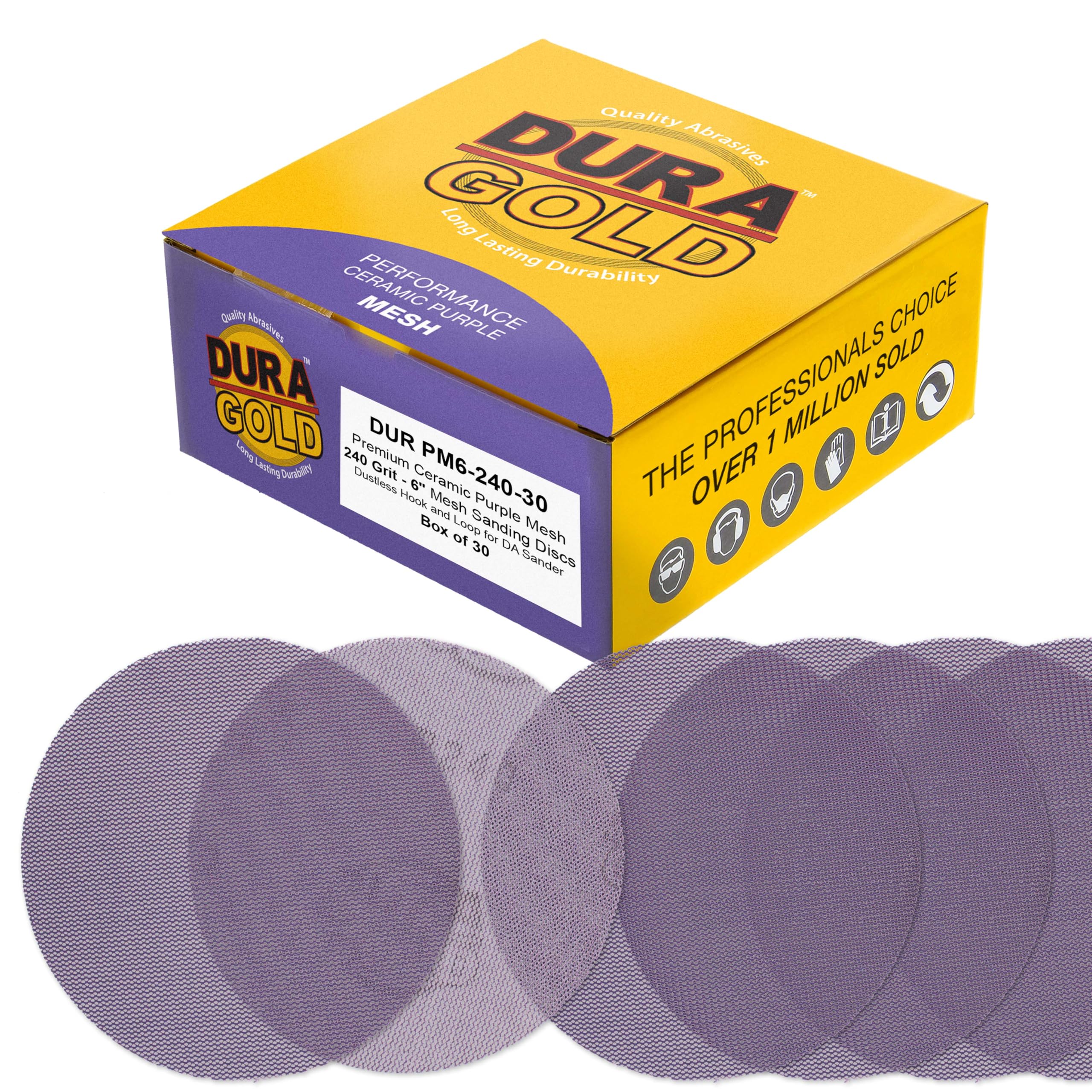 Dura-Gold Premium 240 Grit 6" Purple Ceramic Mesh Sanding Discs, Box of 30 - Dustless Hook & Loop Backing Sandpaper for DA & Random Orbital Sanders -