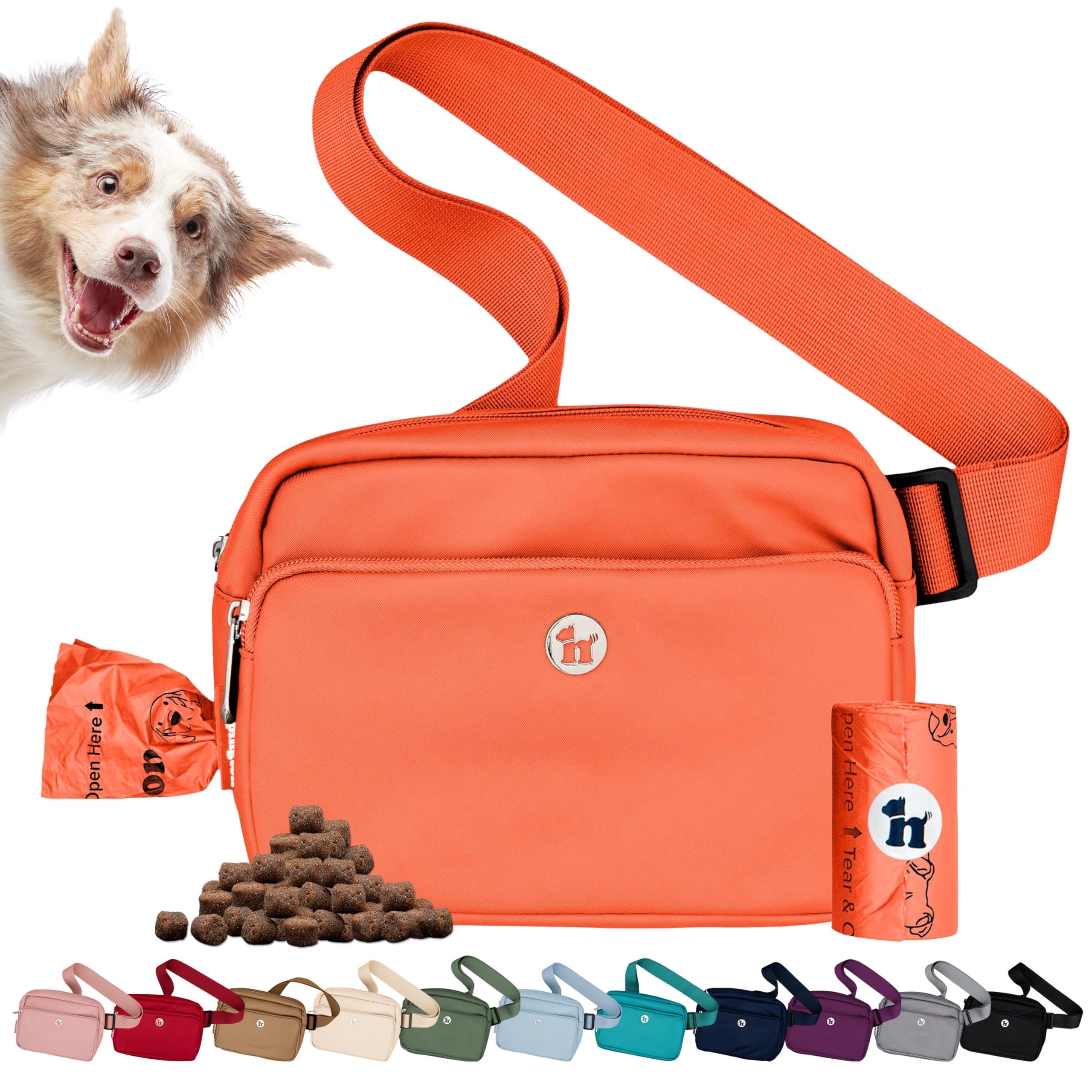 Puppington 3-in-1 Crossbody Bag & Dog Treat Pouch for Pet Training - Matching Poop Bags & Built-in Poop Bag Dispenser - Zippered Pockets - Dog Walking