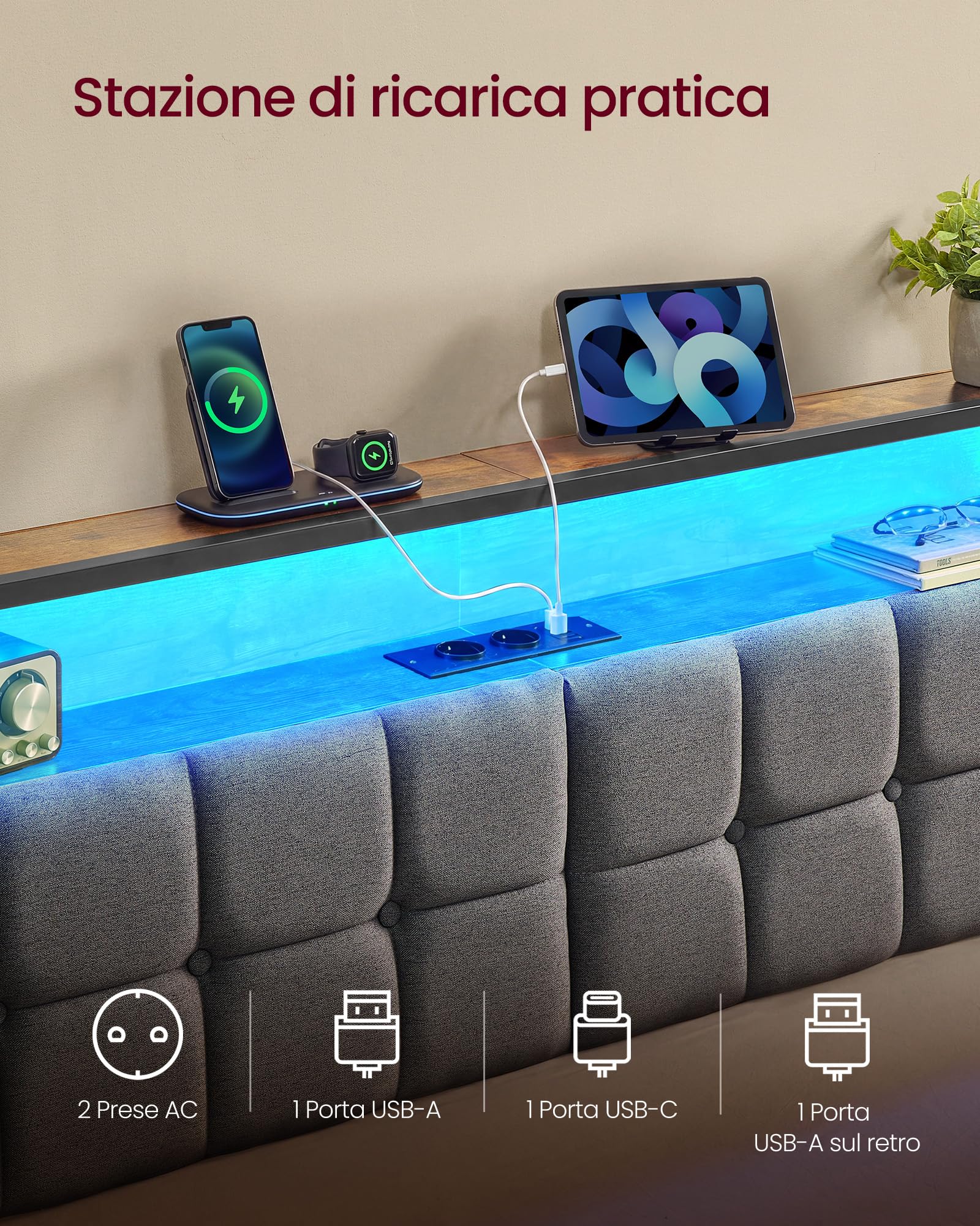 VASAGLE Struttura Letto Singolo in Acciaio, con Luci LED e Prese, 218,3 x 90,5 x 104,5 cm, Nero Opaco, Testiera Imbottita, Spazio Sotto il Letto, Collezione Conner RMB122G101