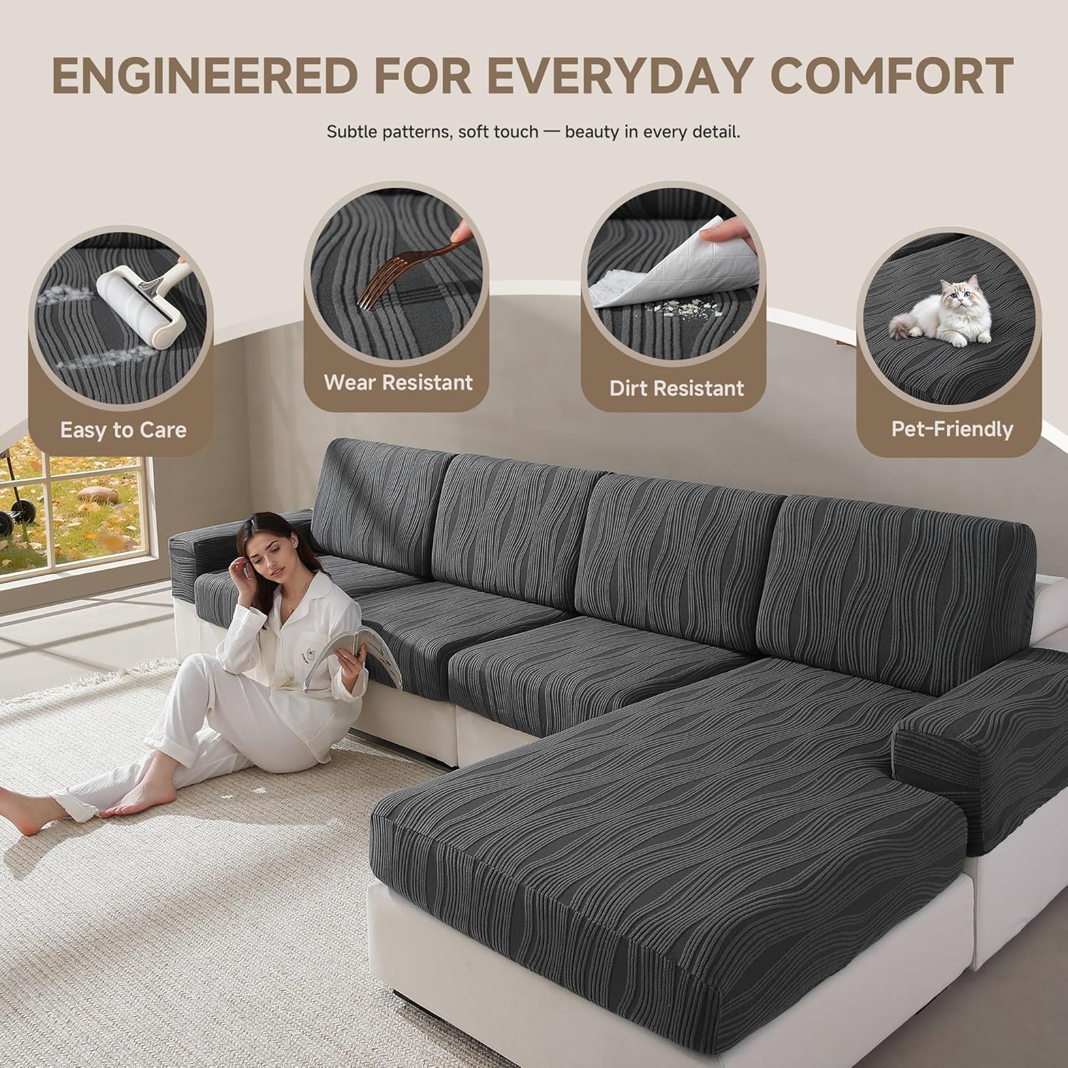QIANMEW Couch Cushion Covers, Super Stretch Washable Sofa Slipcovers for L Shaped & Modular Seats, Pet-Friendly Furniture Protector with Stripe Design, (1 Chaise Cover, Dark Gray)