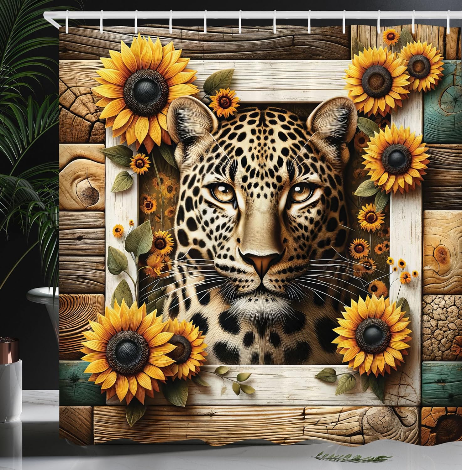 Ambesonne Leopard Shower Curtain, Paris Eiffel Tower and Animal Skin Details Shadow of Wild Cat Clouds, Cloth Fabric Bathroom Decor Set with Hooks, 69" W x 84" L, Night Blue Rust Eggshell