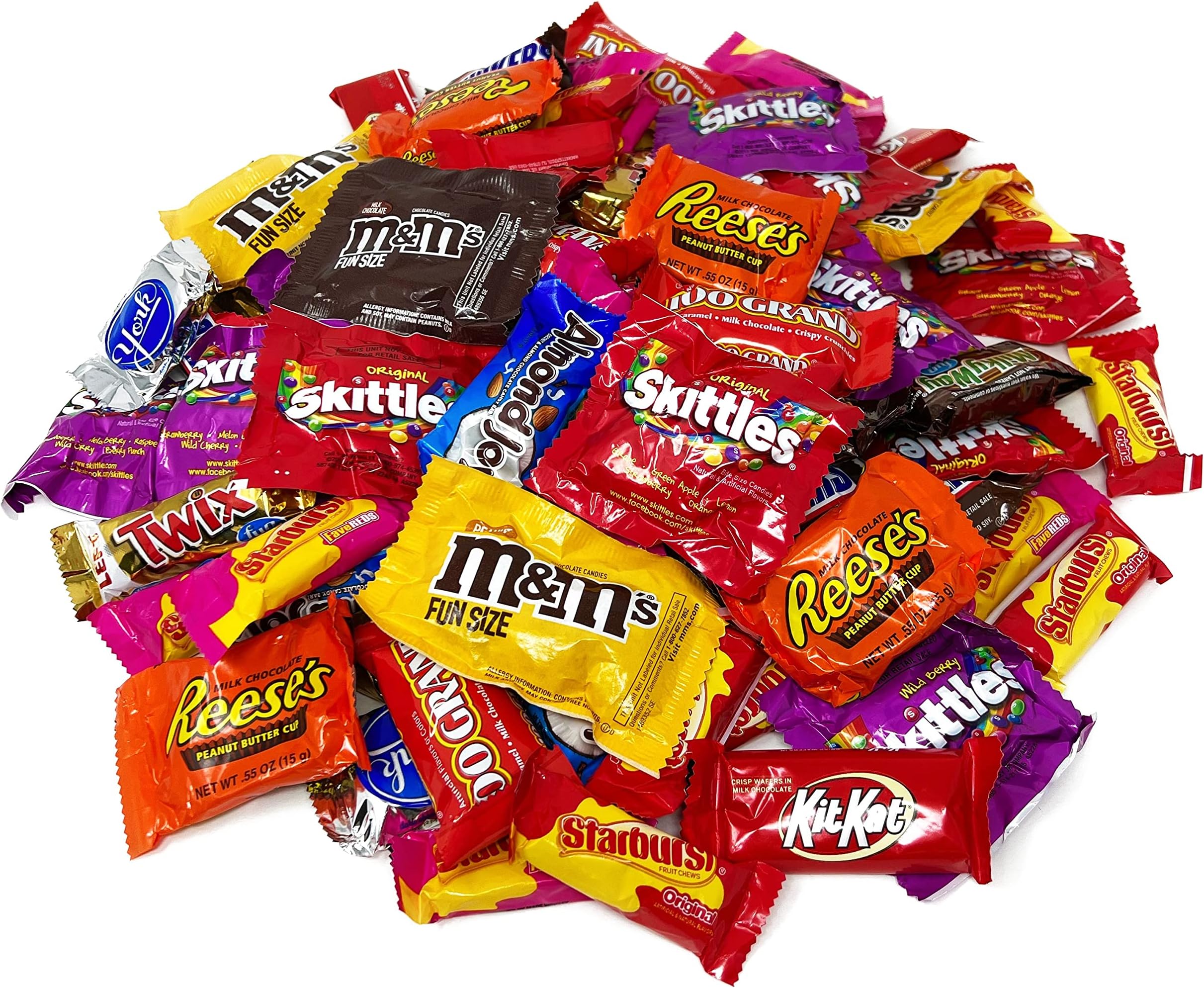 Chocolate and Chewy Fruit Candy Assortment - 3 lbs - Skittles, Starburst, Milky Way, Snickers, M&M's, Twix, Kit Kat, 100 Grand, Almond Joy, Reese's and York - Chewy Fruity and Chocolatey Bulk Variety Mix - Individually Wrapped, 48 oz.