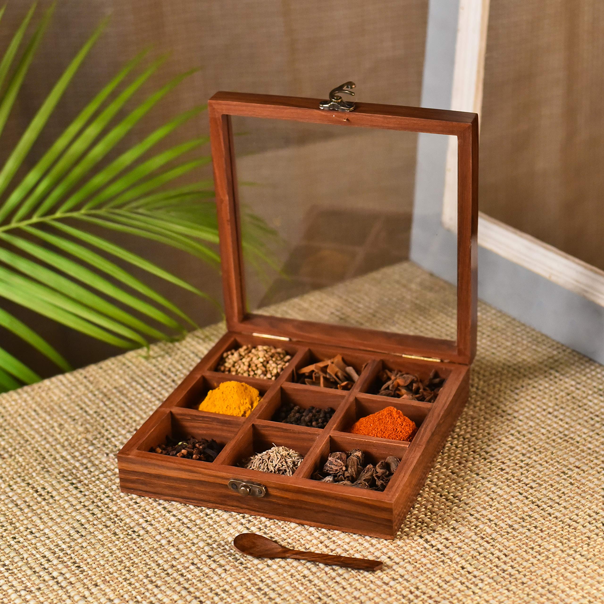 WOOD ART STORE Wooden Handcrafted Sheesham Wood 9 Non-Detachable Compartments Multipurpose Spice Box Brown With One Spoon Size 20x20x5 cms (B08ZL69KSK) Amazon Price History, Amazon Price Tracker
