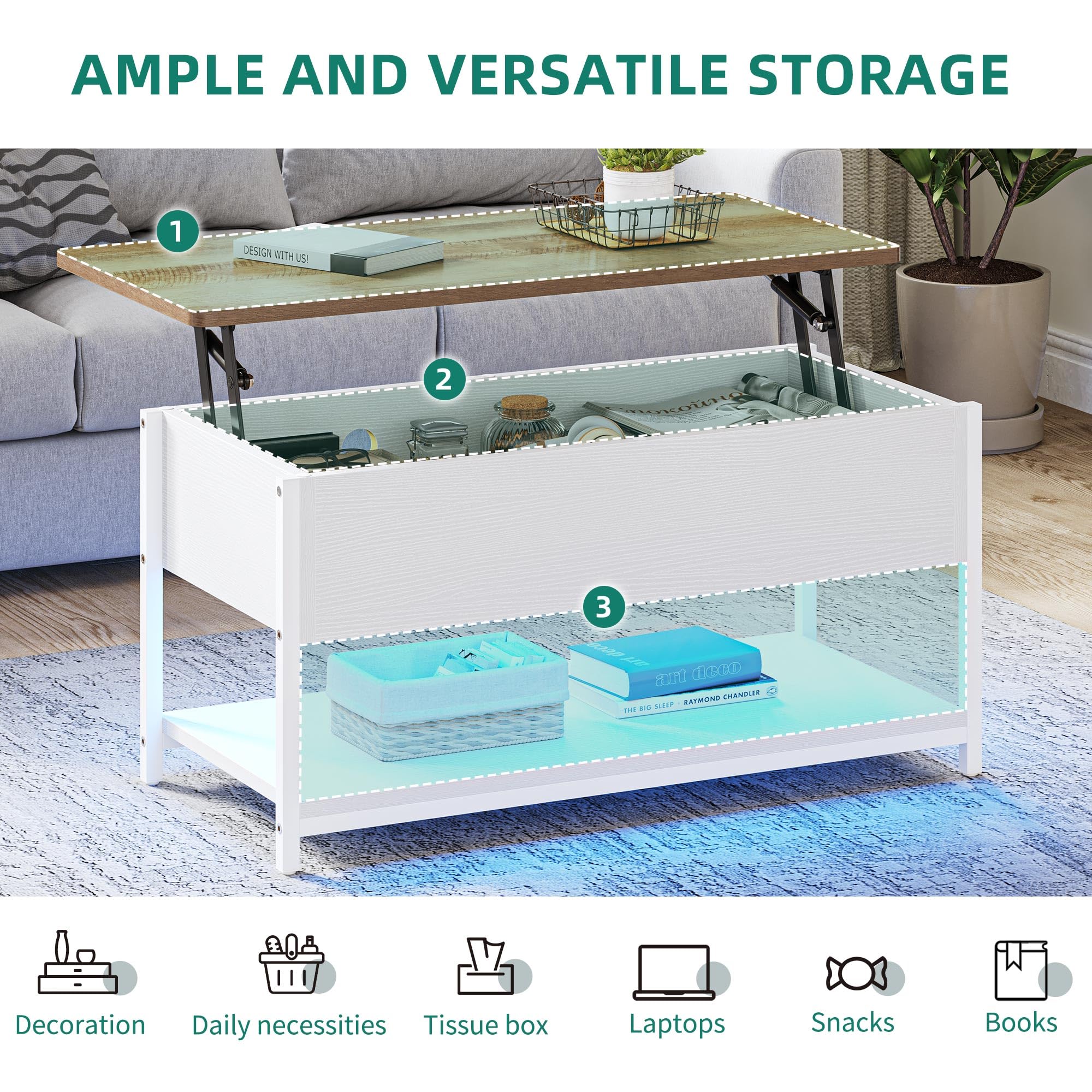 YITAHOME Mesa de Centro Elevable con LED, 2 USB y 2 Enchufes, Mesa de Café para Salón con Espacio Abierto y Oculto, 100X50X48cm, para Comedor, Dormitorio, Oficina