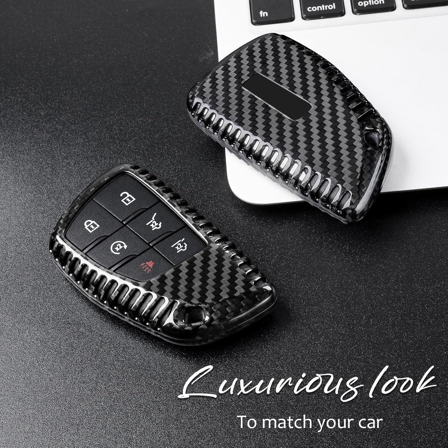 T-carbon Key Fob Cover Compatible with GMC with Key Chain, Real Carbon Fiber Key Fob Protector Compatible with GMC Sierra Yukon Denali, Chevrolet Silverado Suburban Tahoe 2021-2026,Black
