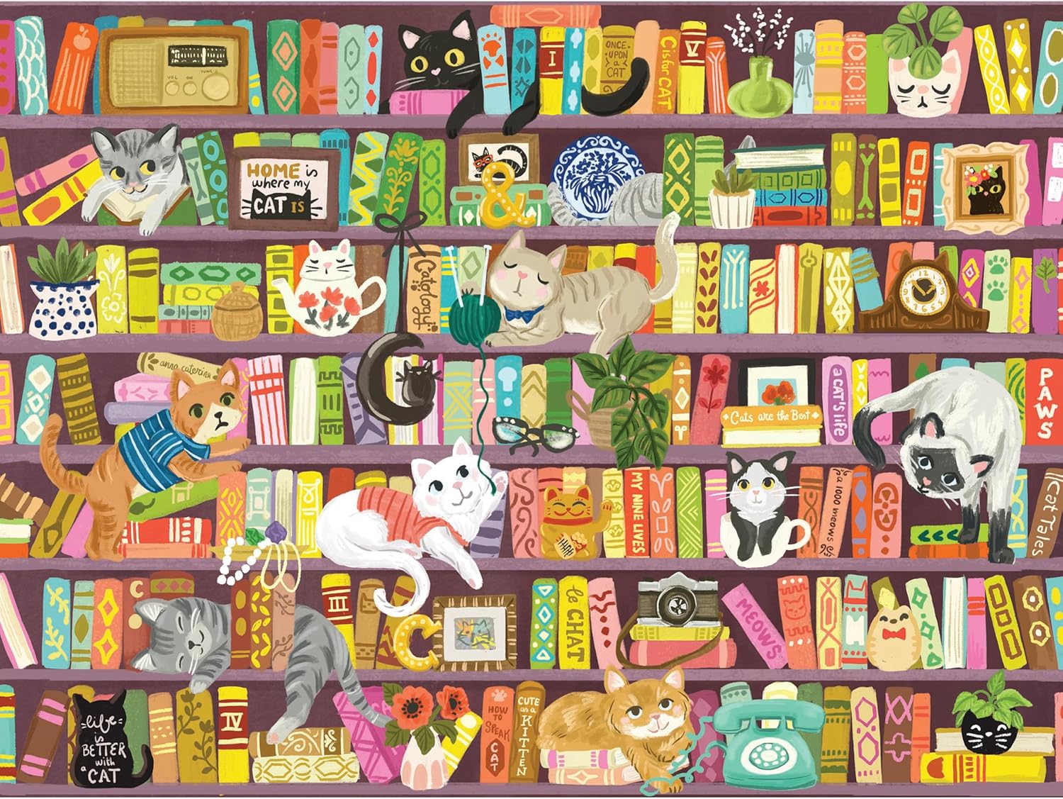 1000 Piece Puzzle for Adults – Challenging, Difficult, Hard Jigsaw – Olivia Gibbs Purple Library Cat with Books – Colorful Puzzle 27x20 Inches