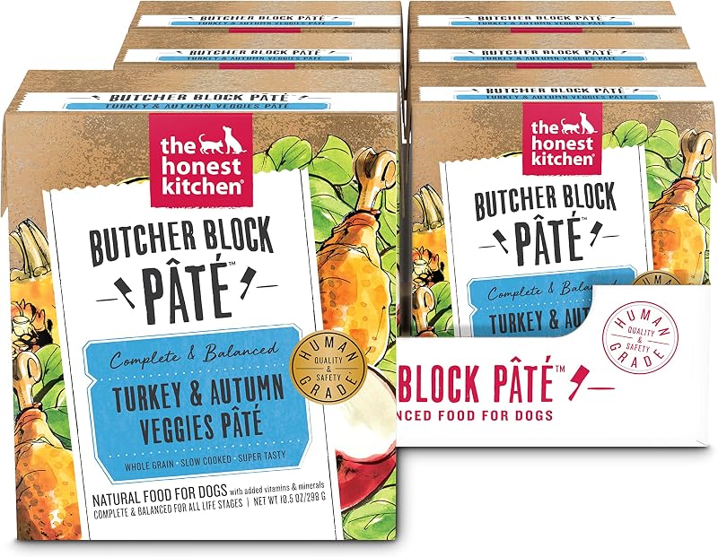 Ração úmida para cães The Honest Kitchen Butcher Block Pâté de peru com vegetais de outono, refeição completa ou cobertura, 6 latas de 298 g