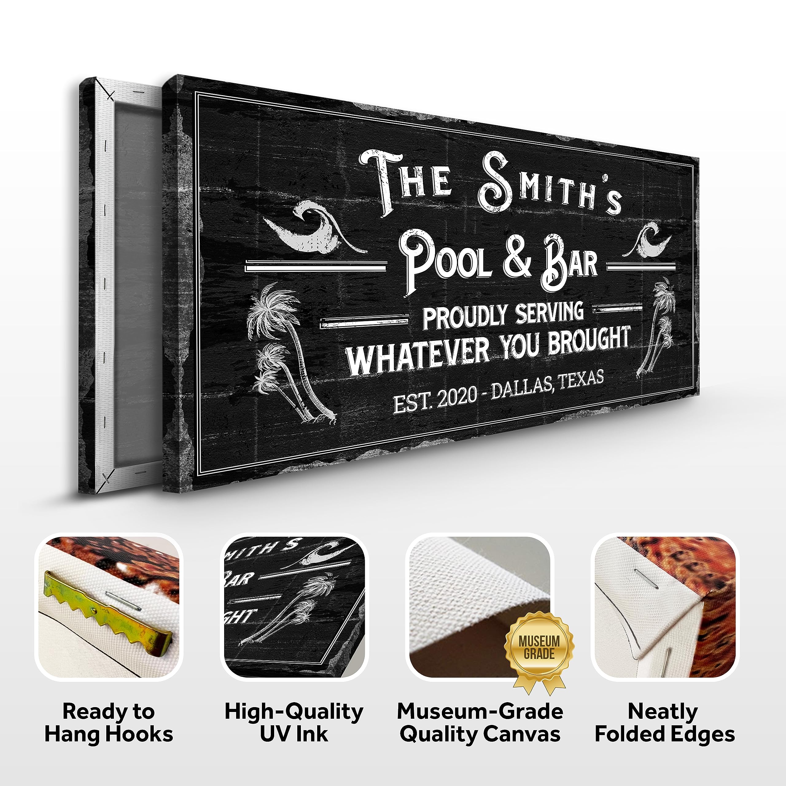 Tailored Canvases Bar Sign Custom Decor - Pool and Bar Proudly Serving Whatever You Brought - Canvas Wall Art Printable Personalized for Man Cave, Kitchen, Backyard, Pub & Diner- Rustic Black, 48x24in