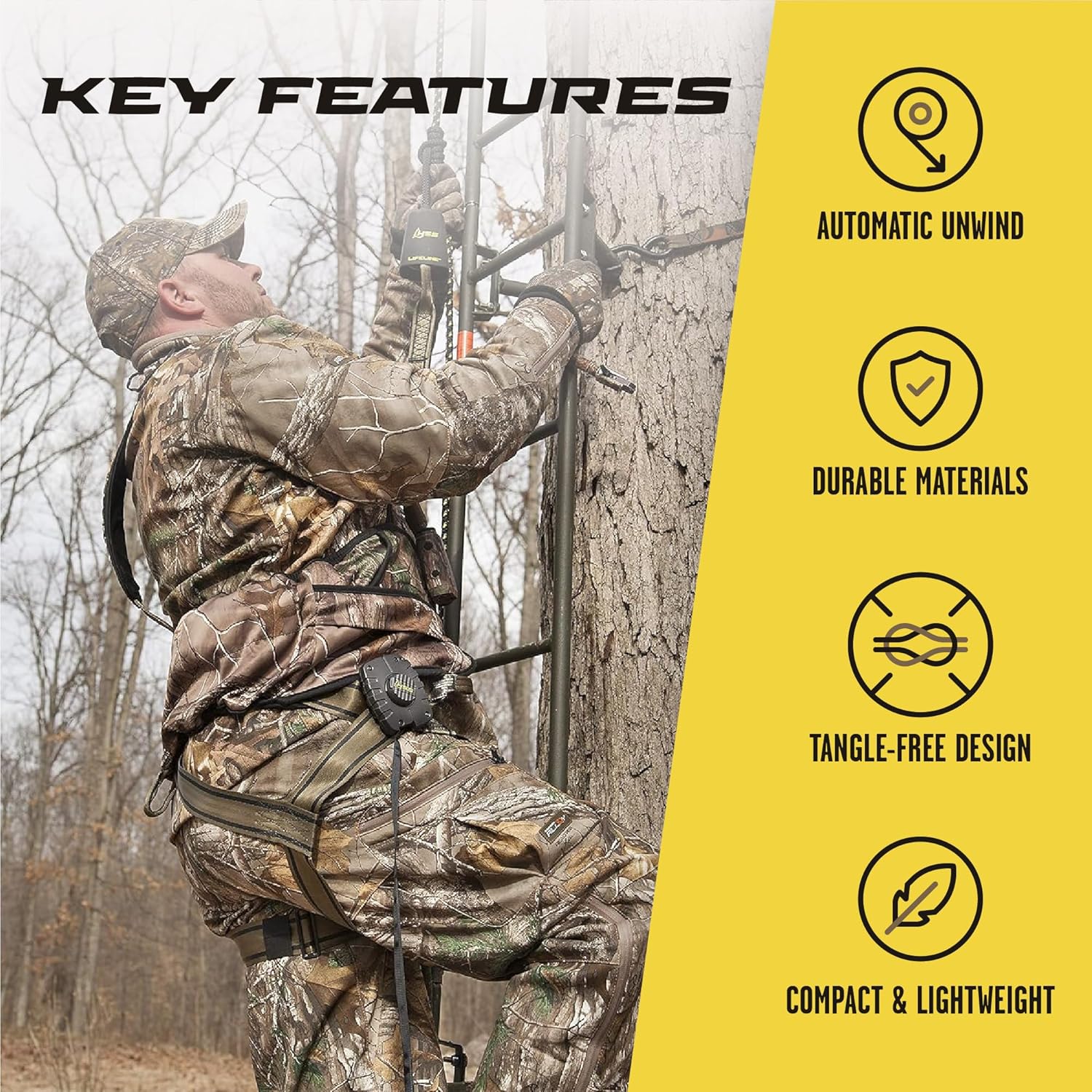 Hunter Safety System Bow & Gear Hoist: 30' Automatic Unwinding Pull Line with Coated Carabiner, Lightweight Rewind System for Lifting Bows, Packs & Treestand Gear with Tangle-Free, Quiet Operation