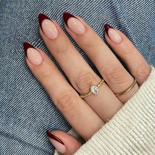 SXVME Press On Nails Almond, Maroon Red French Tip Press