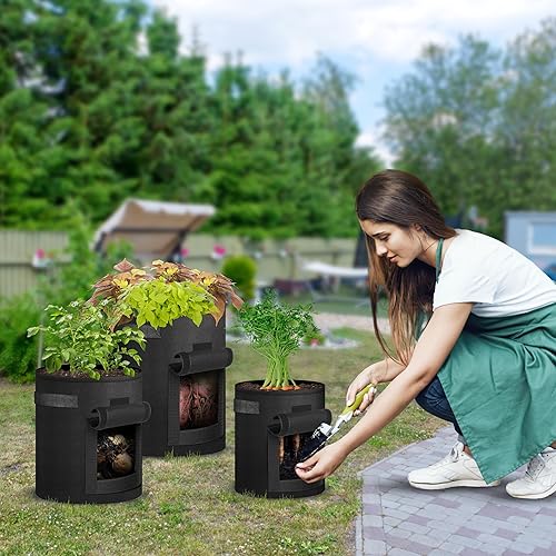 Miniatura 5 de iPower GLGROWBAGWINDOW7X5X2 - Paquete de 10 bolsas de cultivo de papa de 7 galones con asa, contenedor de tela de aireación no tejida gruesa,