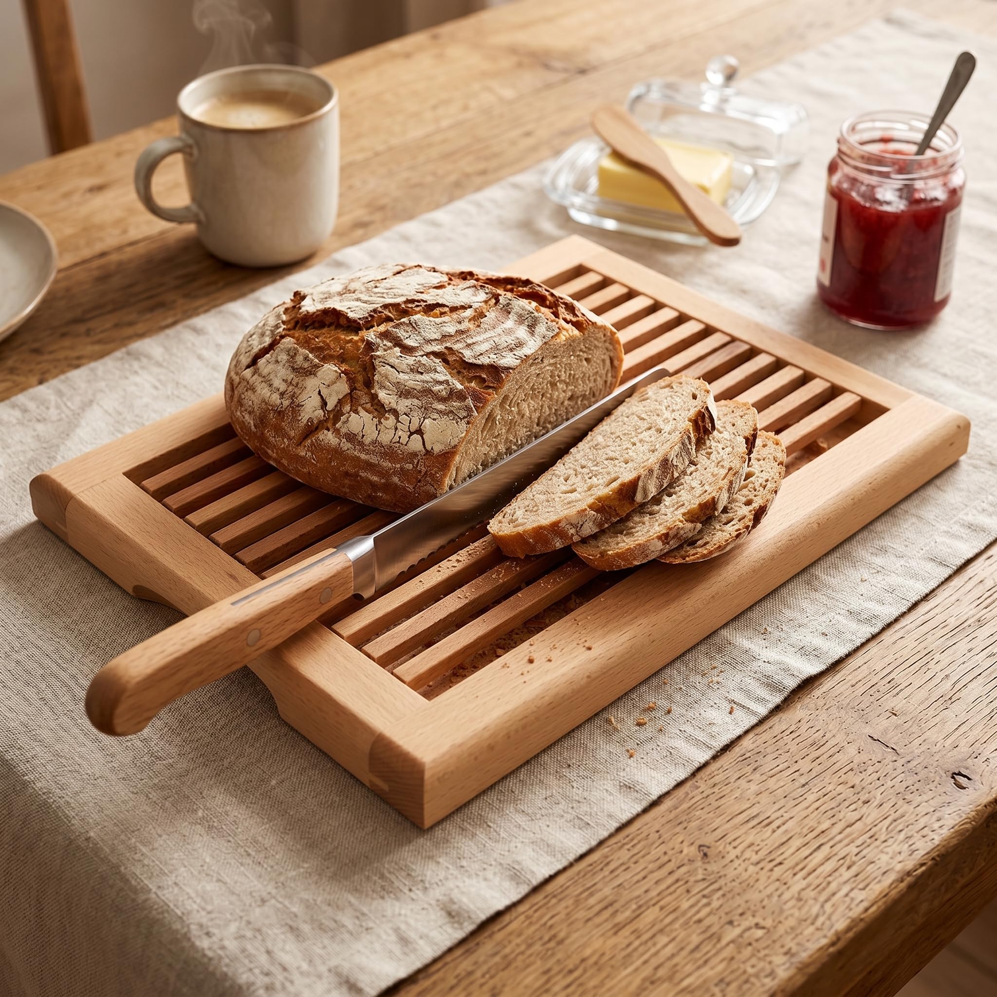 HOFMEISTER® Brotschneidebrett Holz, 40 cm, herausnehmbarere Auffangschale, aus Europa, Schneideunterlage mit Krümelgitter, Buche, stabiles Schneiden, Schneidbrett mit Schublade