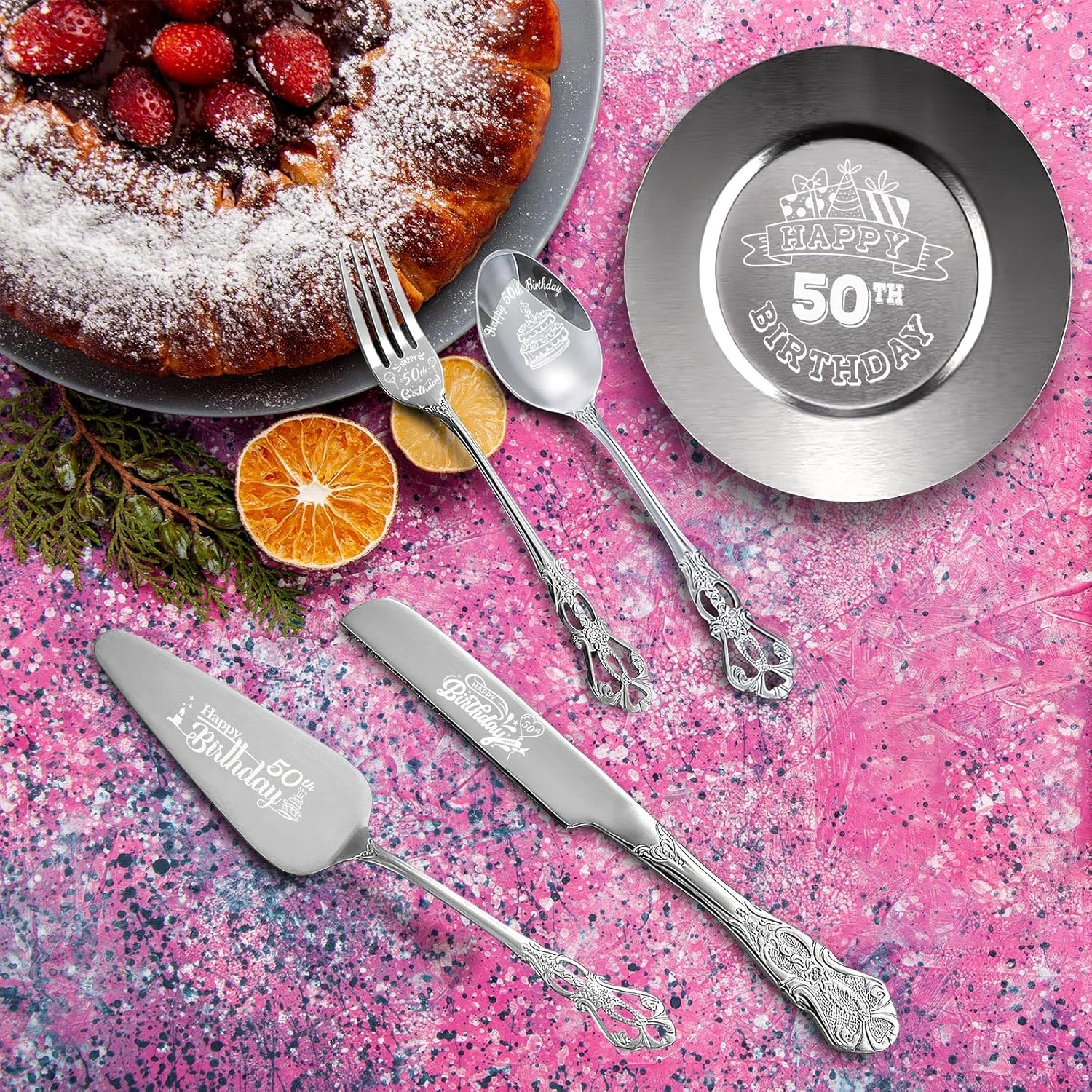 Happy 50th Birthday Personalized Laser Engraved Stainless Steel Cake Tableware Set:Cake Server,Plate,Knife,Spoon, Fork - Memorable 50 Year Old Gift Keepsake