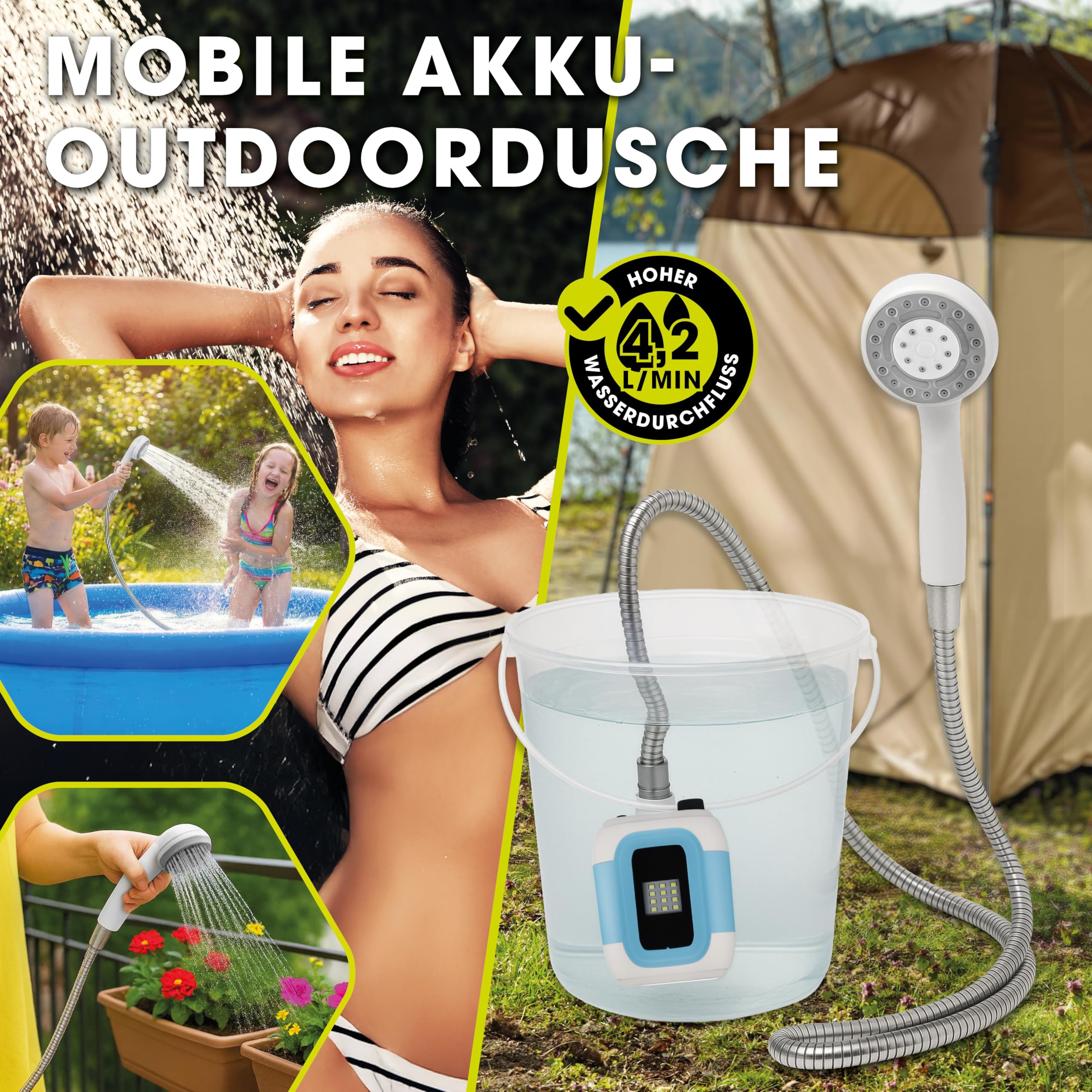 EASYmaxx Campingdusche mit Akku | 2in1: Mobile Outdoor Dusche und Bewässerungsbrause | Camping Dusche mit Pumpe inkl. Ansaugfunktion | kabellose und tragbare Dusche | elektrische Dusche mit LED-Licht