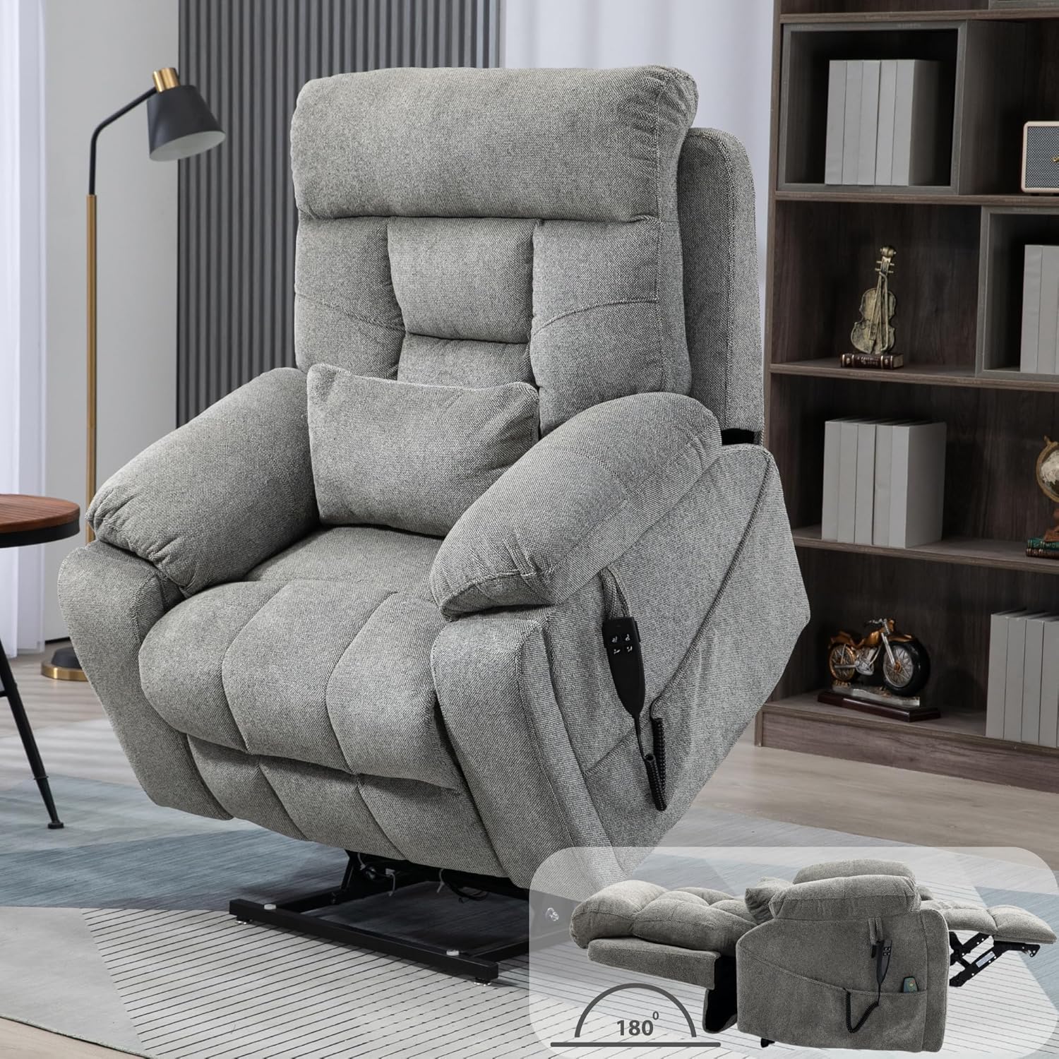JUUXO Oversized Power Lift Recliner for Elderly, Infinite Position Lay Flat Lift Chair Sleeping with Heat & Massage Lumbar Pillow & Cup Holders, Dual Motor Big Tall 400 lbs