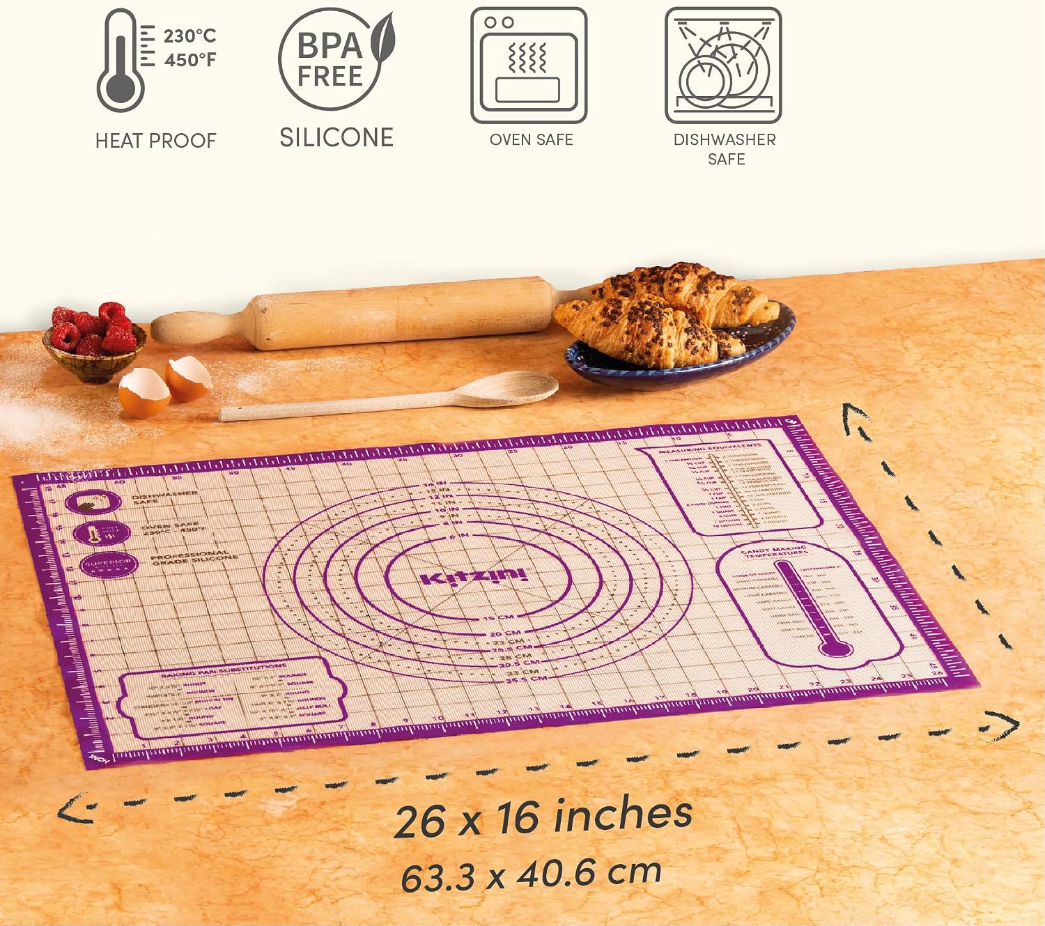 Kitzini Silicone Pastry Mat. Non Slip Baking Mat. BPA-Free Silicone Baking Sheet. Silicone Mats for Baking, Rolling Pastry, Dough, Pizza & Cookies. Easy Clean – Kneading Mat | 26 x 16 inches