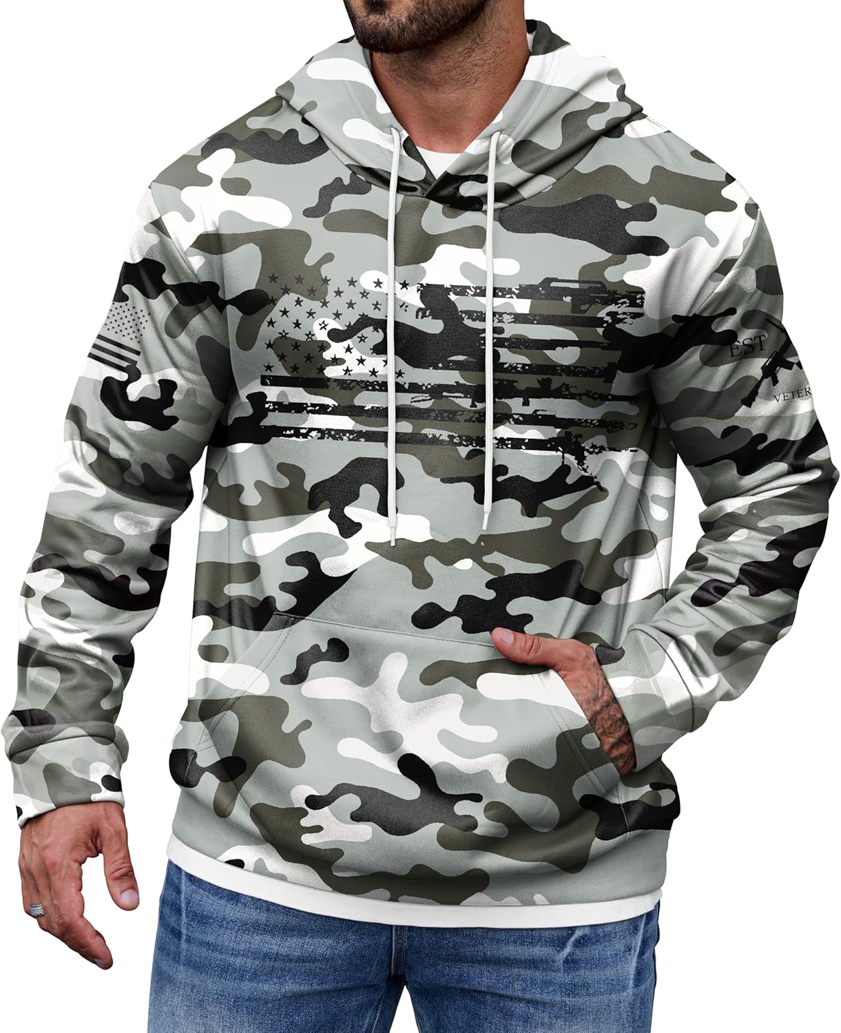 Mainfini Men's American Flag Camo Hoodie Fleece-Lined Patriotic Military Sweatshirt with Kangaroo Pocket (S-3XL)
