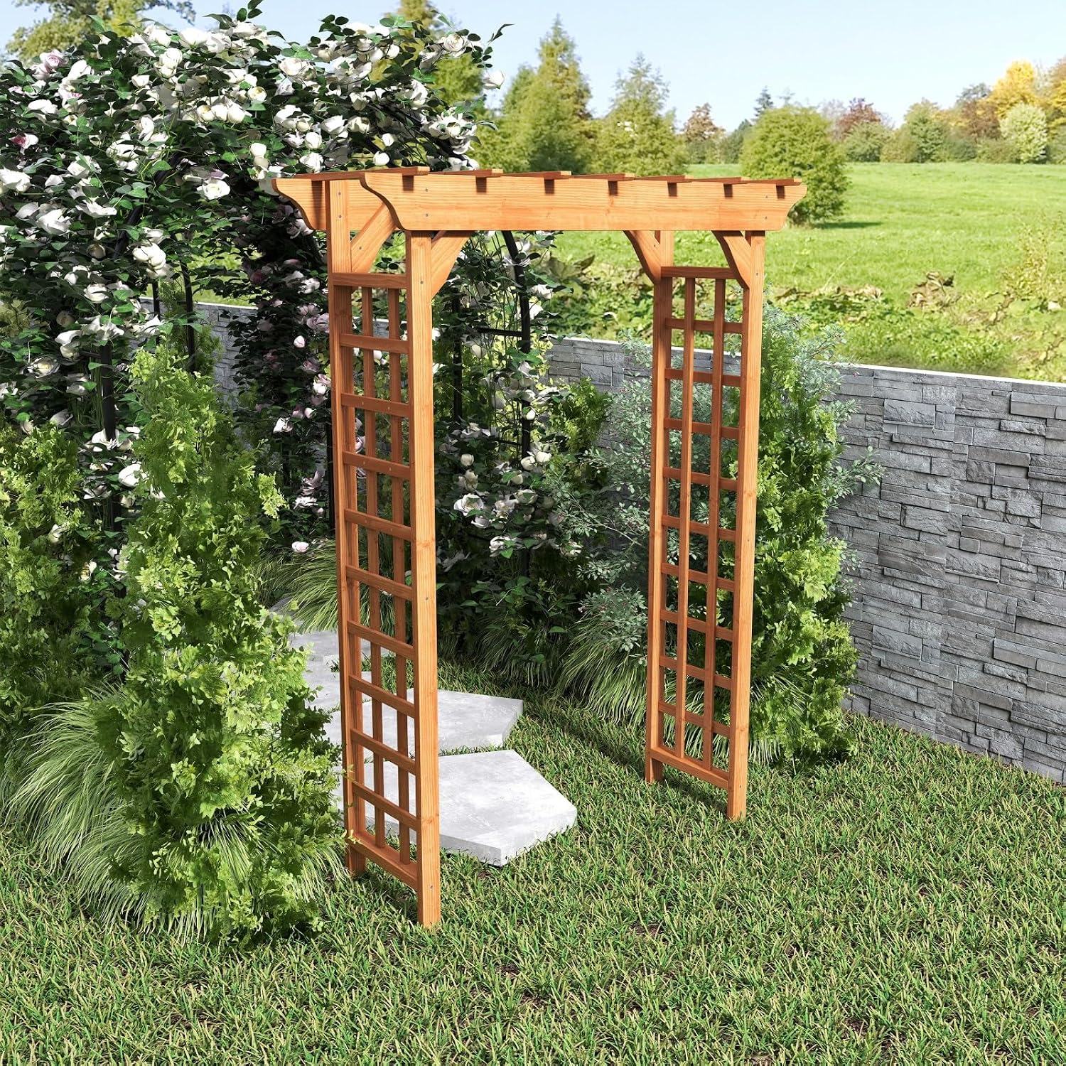 Donext 63 Inch Solid Wood Arbor,Garden Wood Trellis with Sturdy Construction, Garden Arch for Outdoor Ceremonies & Backyard Events(Light Brown)
