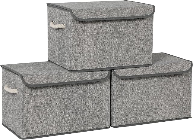 SONGMICS Storage Boxes with Lid, Set of 3 Fabric Storage Boxes and Organiser Bins with Cotton Handles, Linen Pattern, Grey RFB013G02