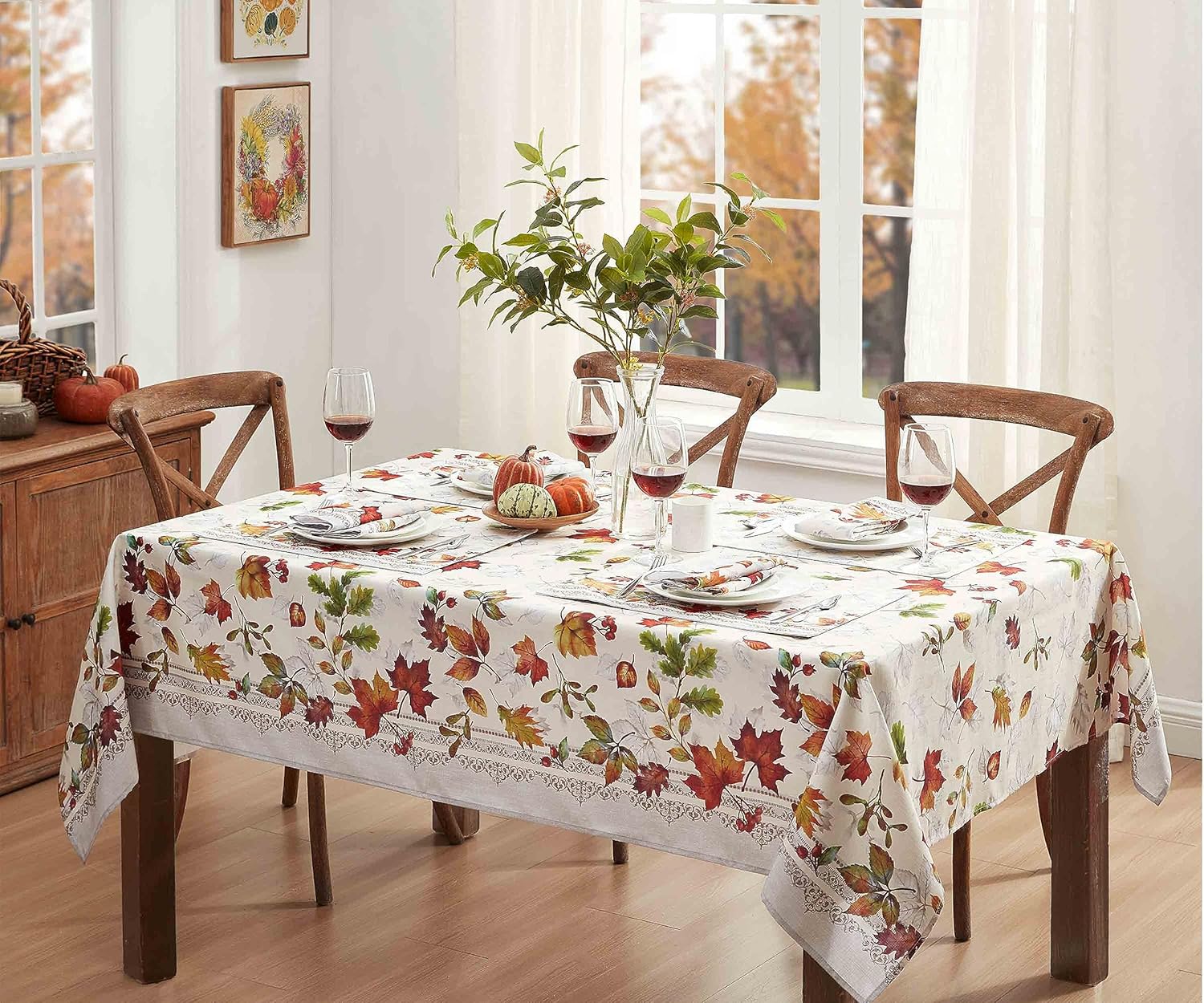 Newbridge Thanksgiving Fall Foliage Fabric Tablecloth, 60 x 102 Inch Rectangle, Bordered Changing Leaves, Autumn Essentials Easy Care Stain Resistant Wrinkle Free Table Cover