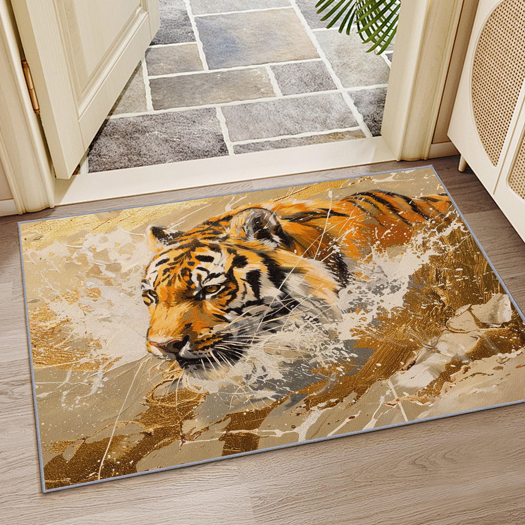 Tiger Teppich Waschbar, Abstrakt Künstlerisch Tiere Teppich 80x150 cm, Modern Wildnis rutschfest Waschbar Pflegeleicht Teppiche Für Schlafzimmer Küche, Goldorange