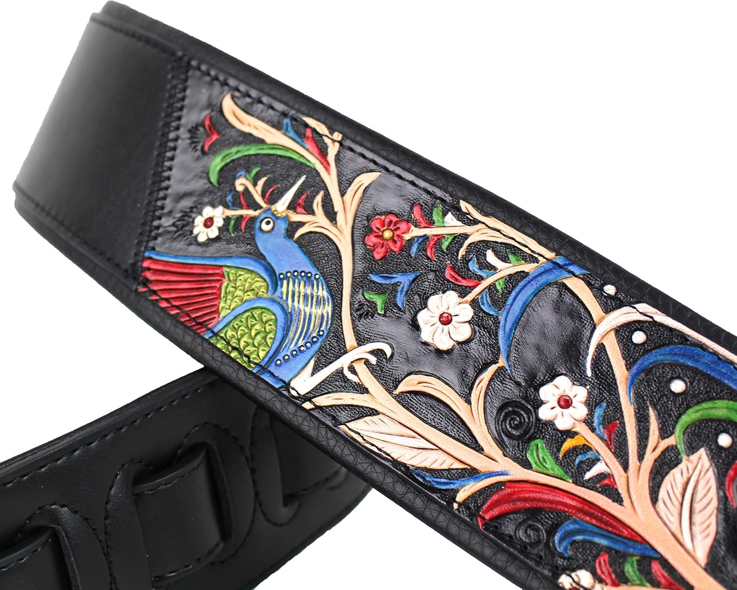 Walker And Williams KB-55-BLK Handmade Heritage Series Guitar Strap, Black With Traditional Peacock Design On Premium Black Carved Leather