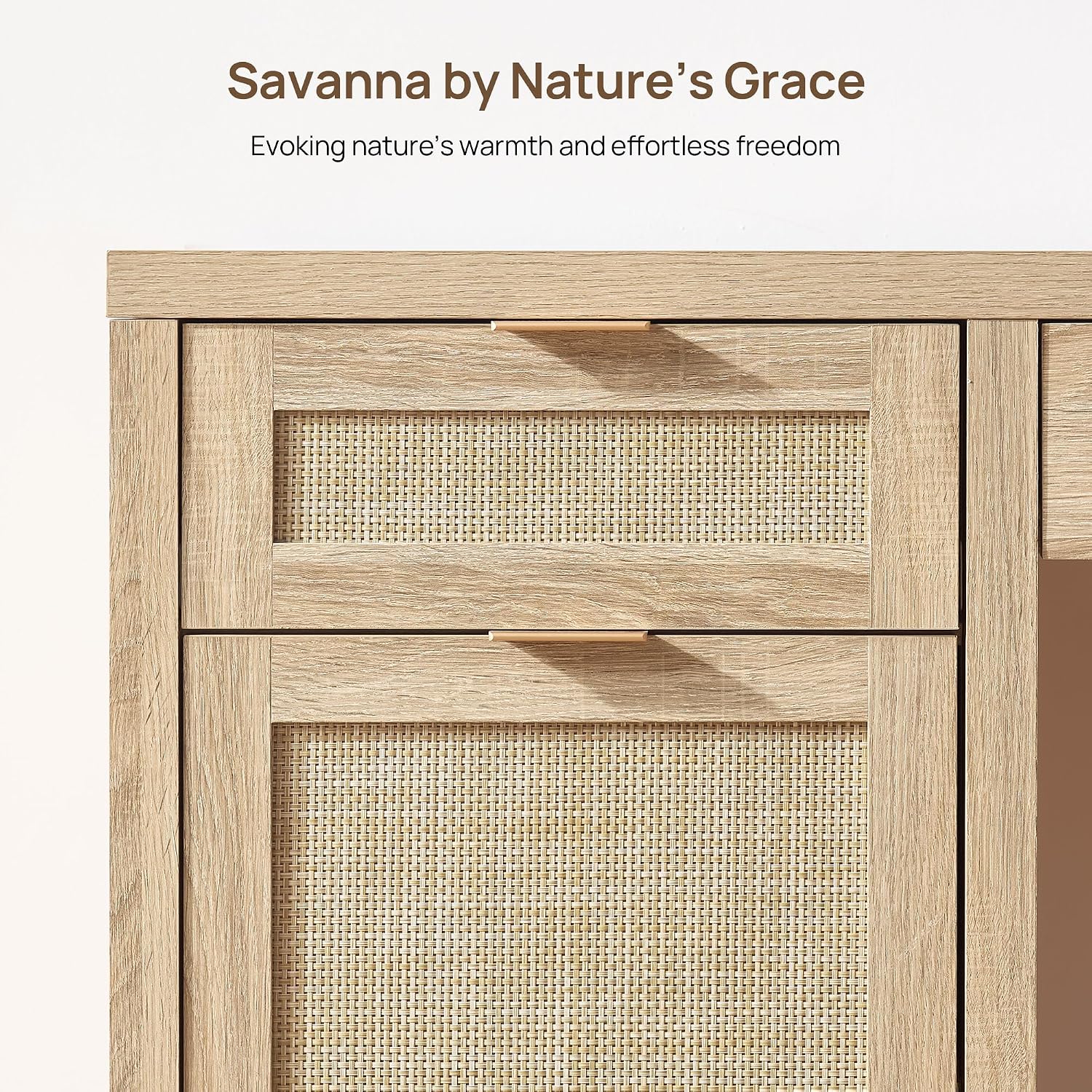 SICOTAS 55" Rattan Desk with 3 Drawers - Wood Office Computer Desk with Storage Modern Boho Home Office Desks with Side Cabinet - Large Executive Desk Study Table for Bedroom, Living Room, Light Oak