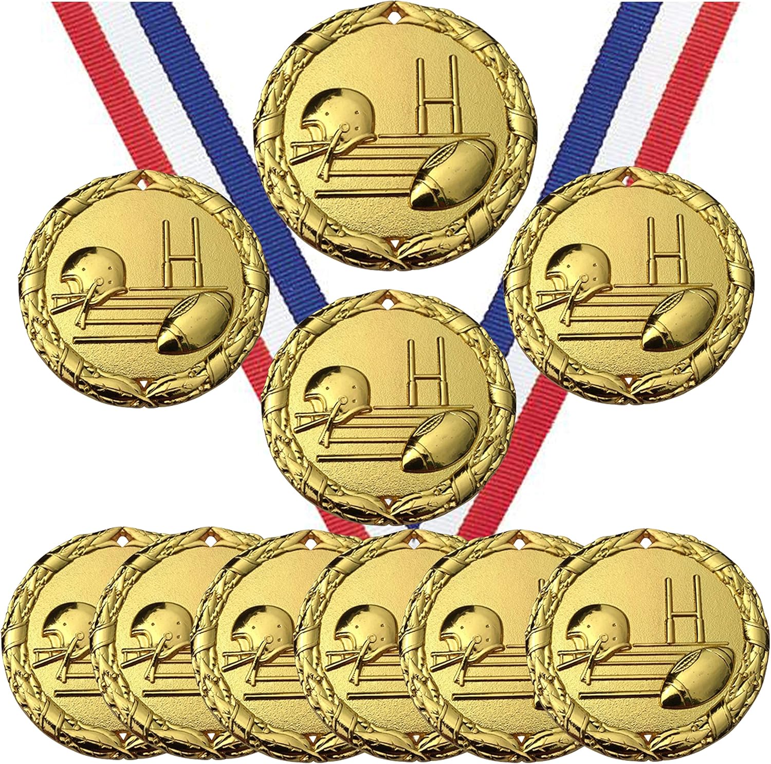 Gold Football Medals Trophy Champion Participant Award Prize with Neck Ribbons (Pack of 10)