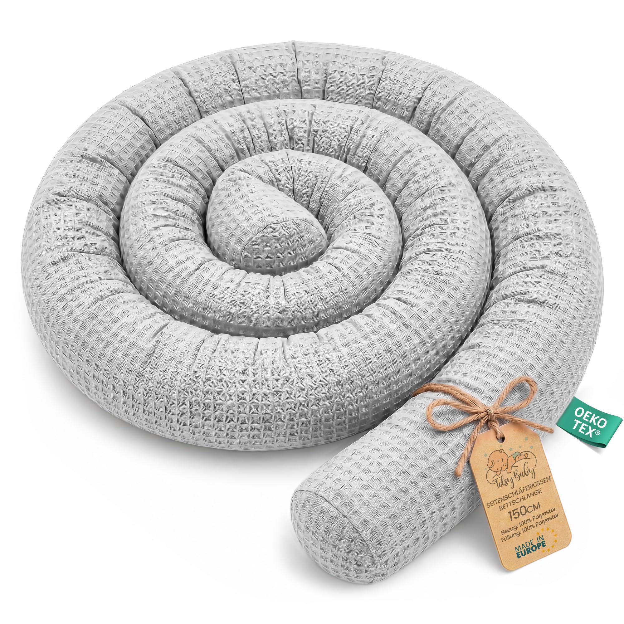 Totsy Baby Cuscino XXL a forma di serpente per letto, cuscino da allattamento, cuscino decorativo, protezione per il bordo del letto, paracolpi XL Grigio 150 cm Certificato Oeko-Tex