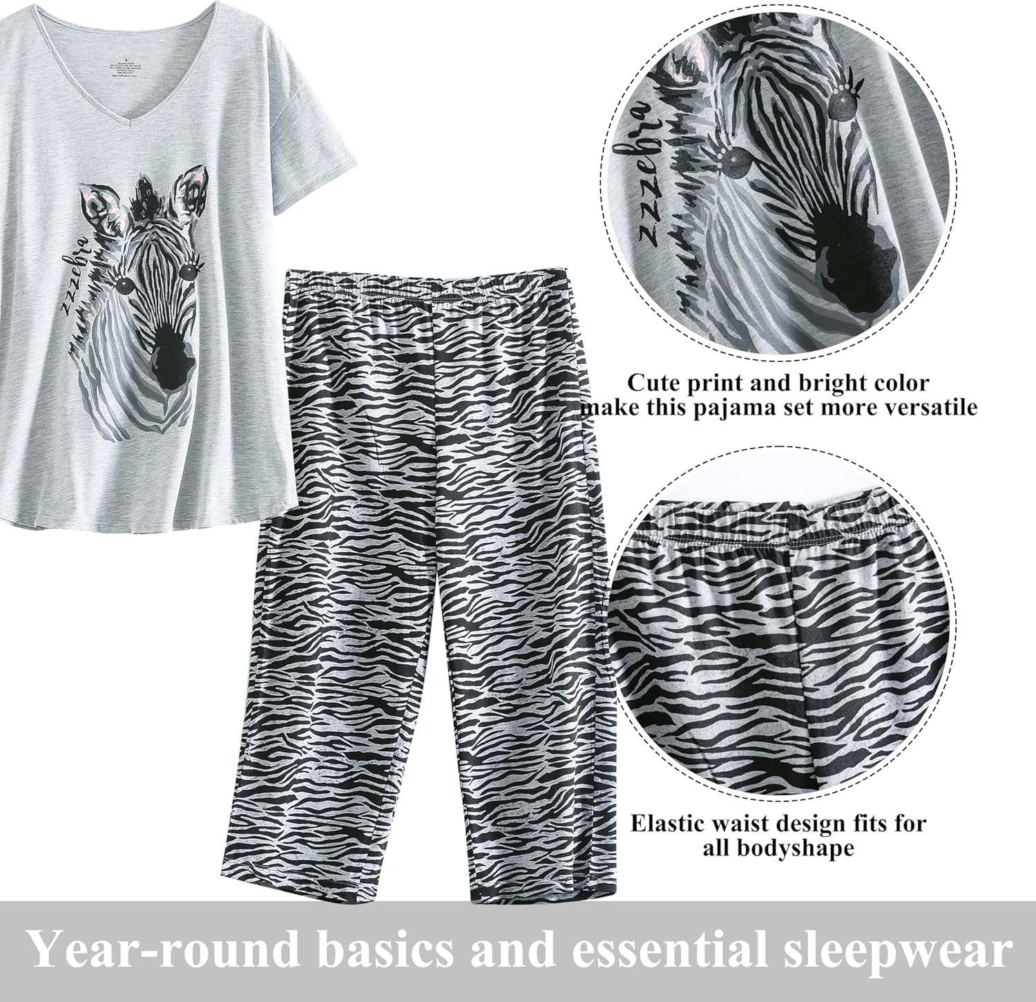 PNAEONG Women Pajama Set Sleepwear Tops with Capri Pants Casual and Fun Prints Pajama Sets - Image 2